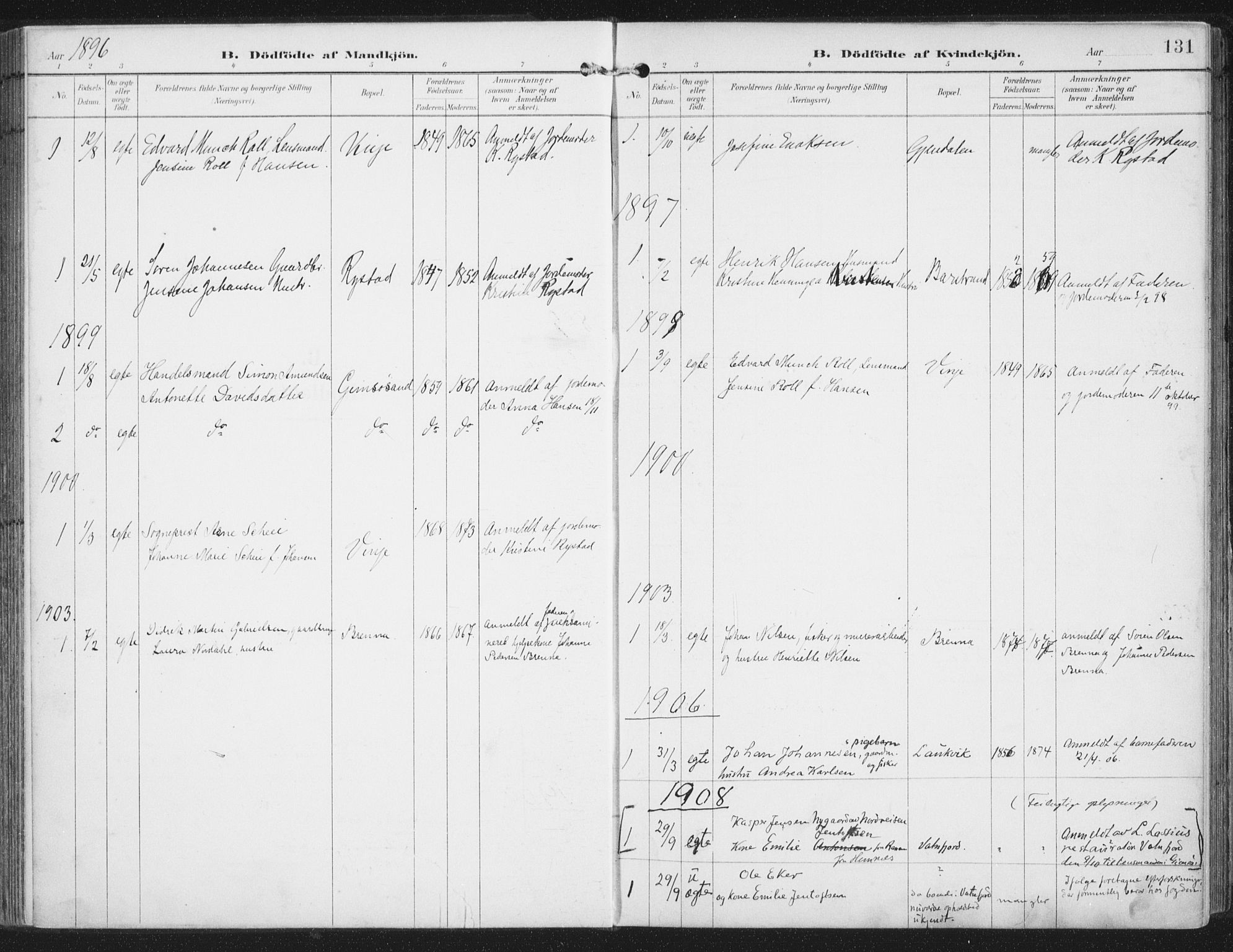 Ministerialprotokoller, klokkerbøker og fødselsregistre - Nordland, SAT/A-1459/876/L1098: Parish register (official) no. 876A04, 1896-1915, p. 131