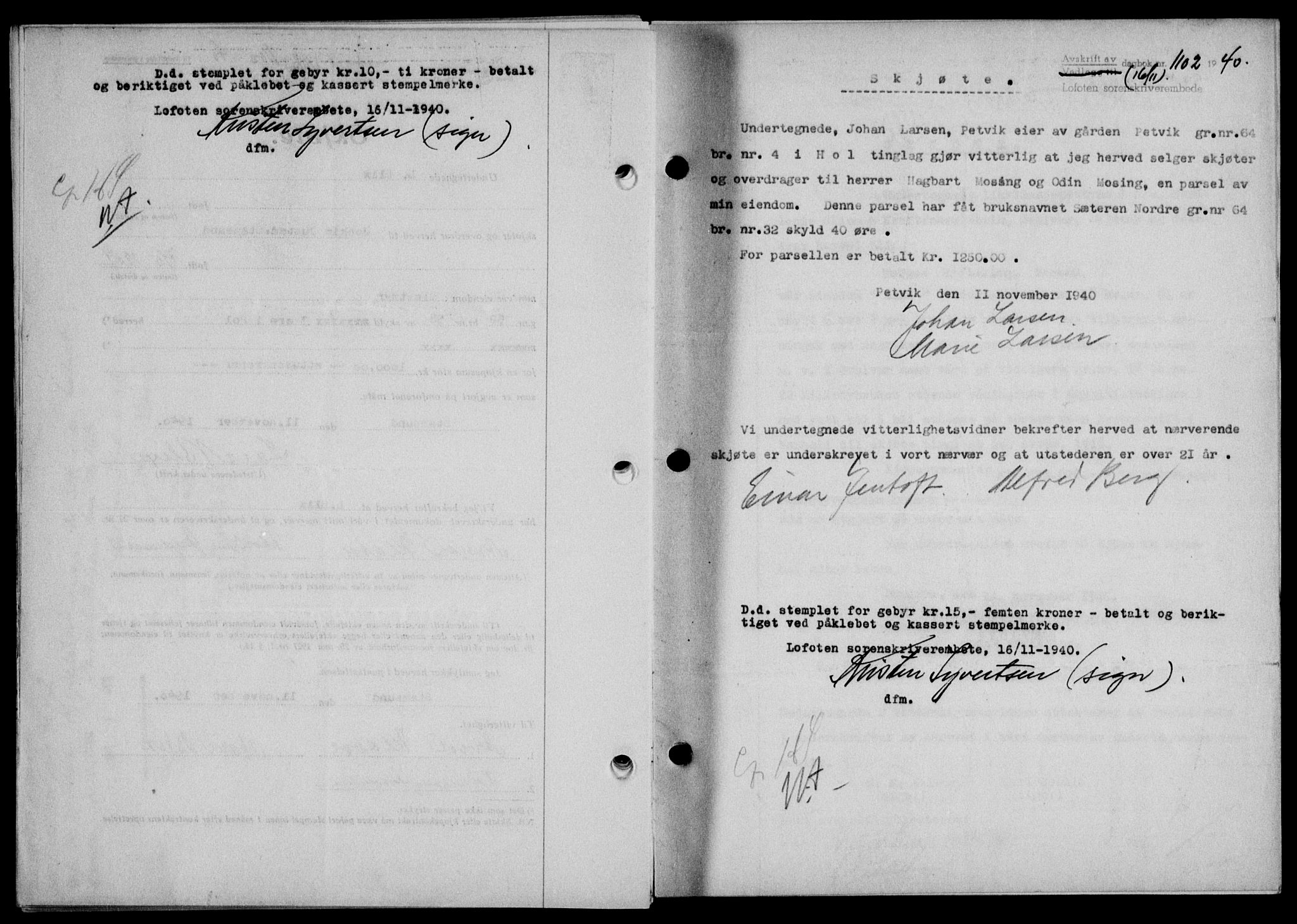 Lofoten sorenskriveri, SAT/A-0017/1/2/2C/L0008a: Mortgage book no. 8a, 1940-1941, Diary no: : 1102/1940