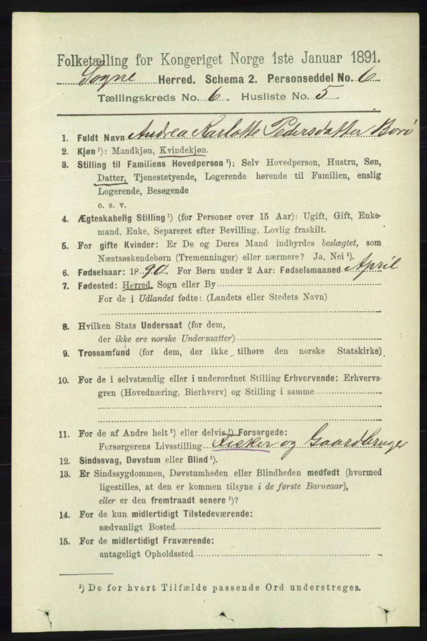 RA, 1891 census for 1018 Søgne, 1891, p. 1395