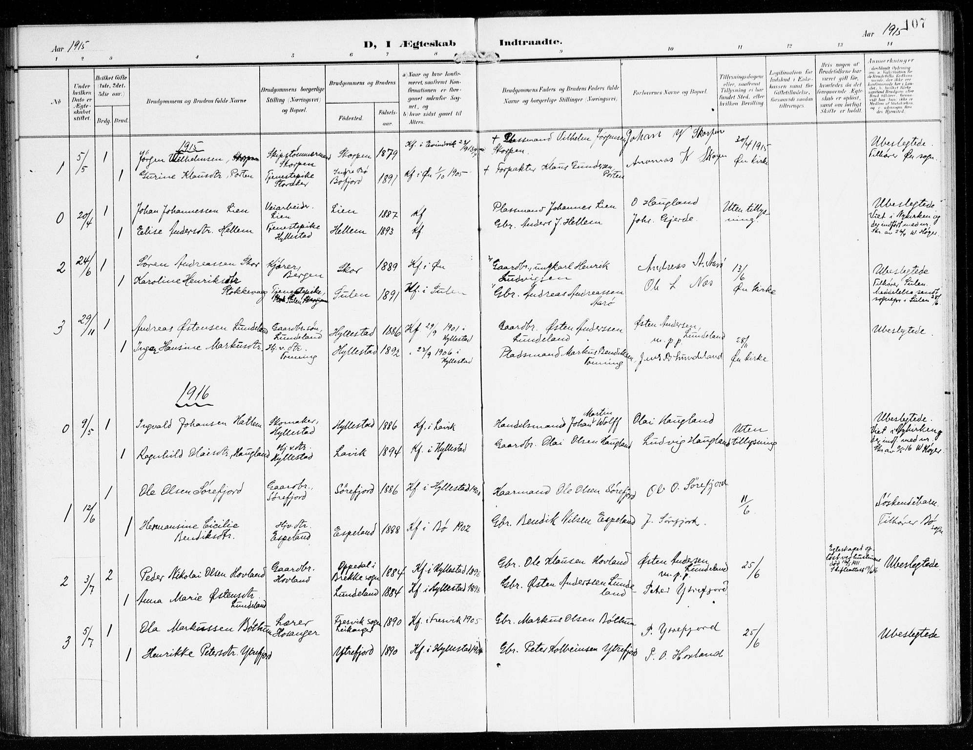 Hyllestad sokneprestembete, SAB/A-80401: Parish register (official) no. B 2, 1903-1917, p. 107