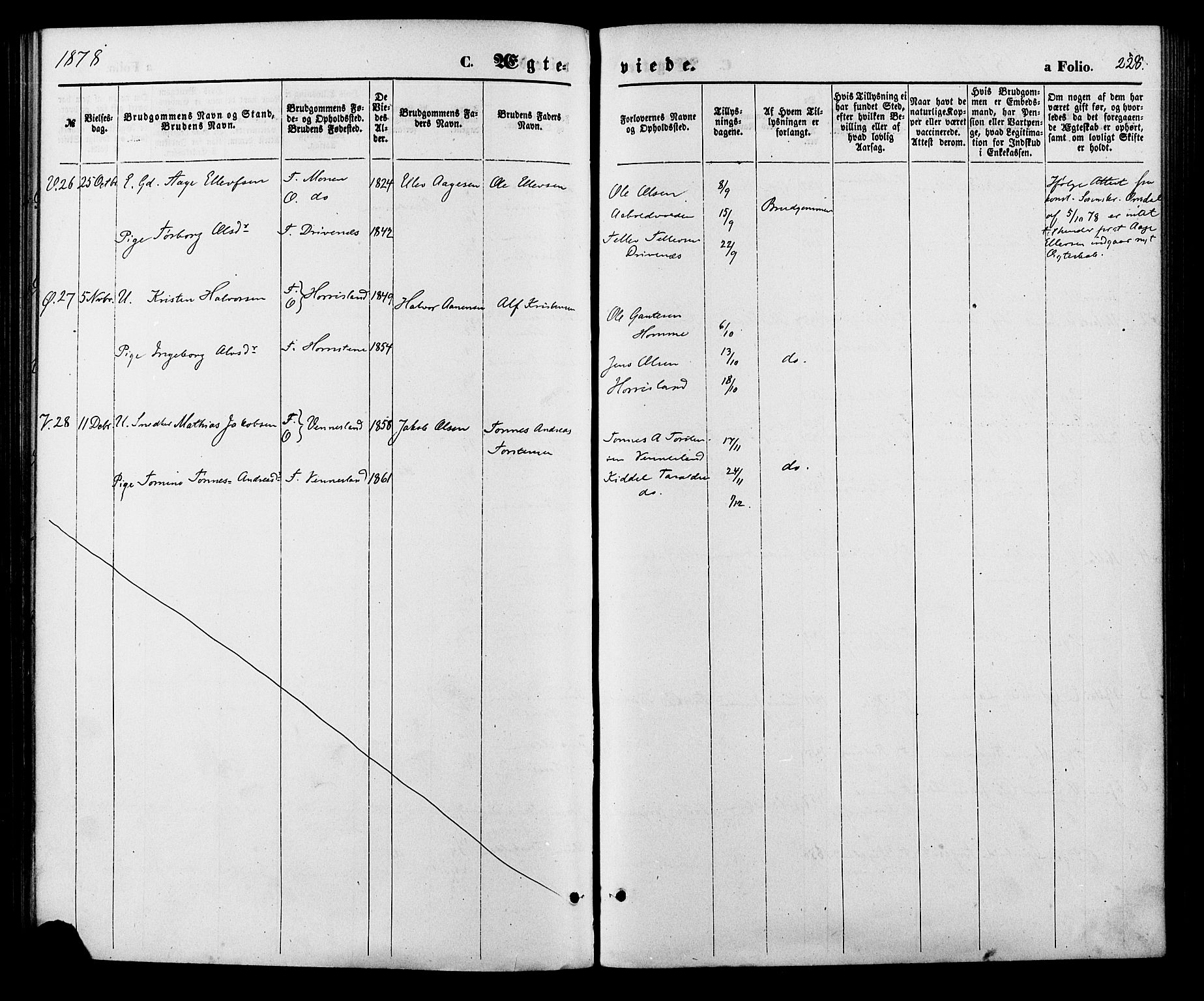 Vennesla sokneprestkontor, AV/SAK-1111-0045/Fa/Fac/L0008: Parish register (official) no. A 8, 1874-1883, p. 228