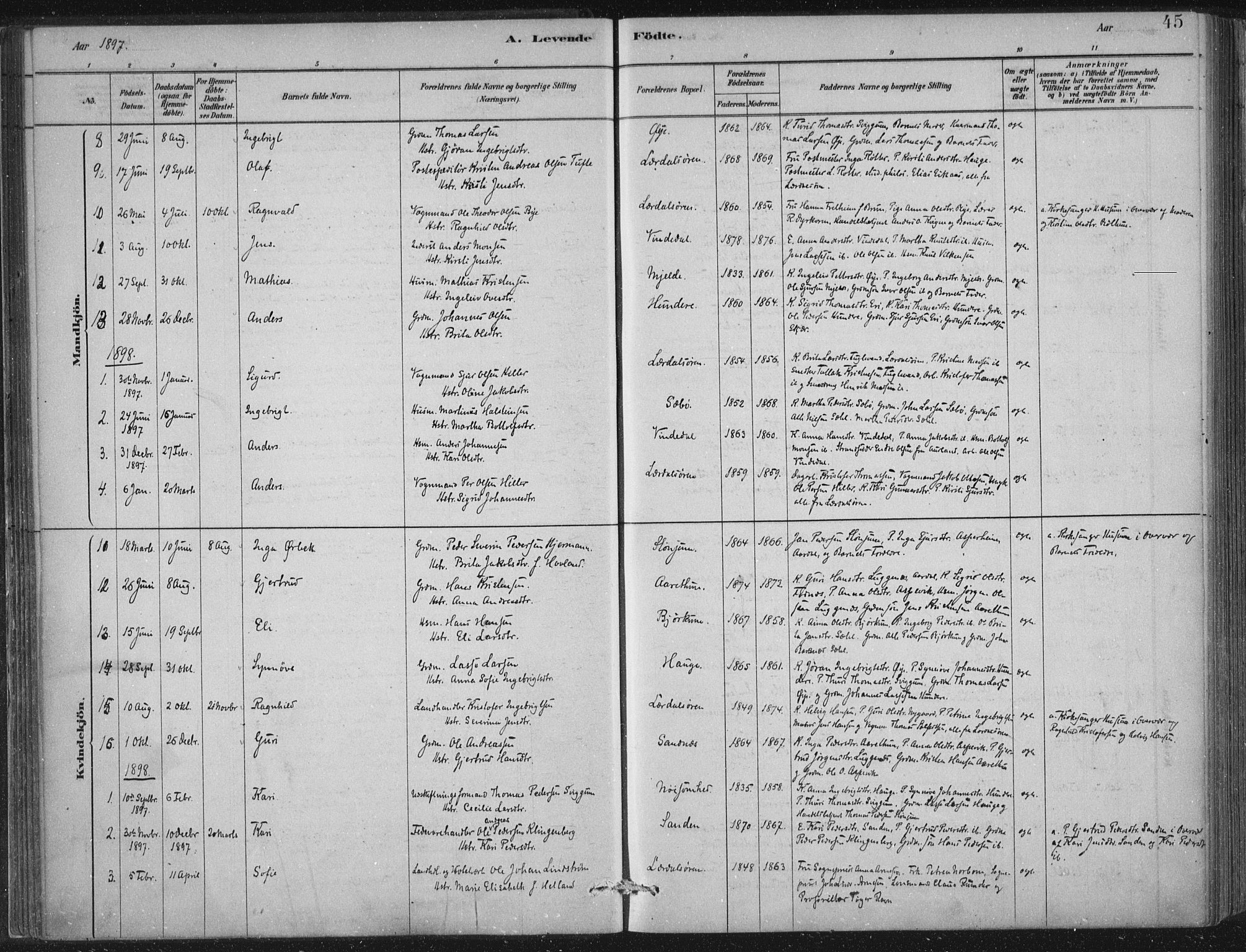 Lærdal sokneprestembete, SAB/A-81201: Parish register (official) no. D  1, 1878-1908, p. 45