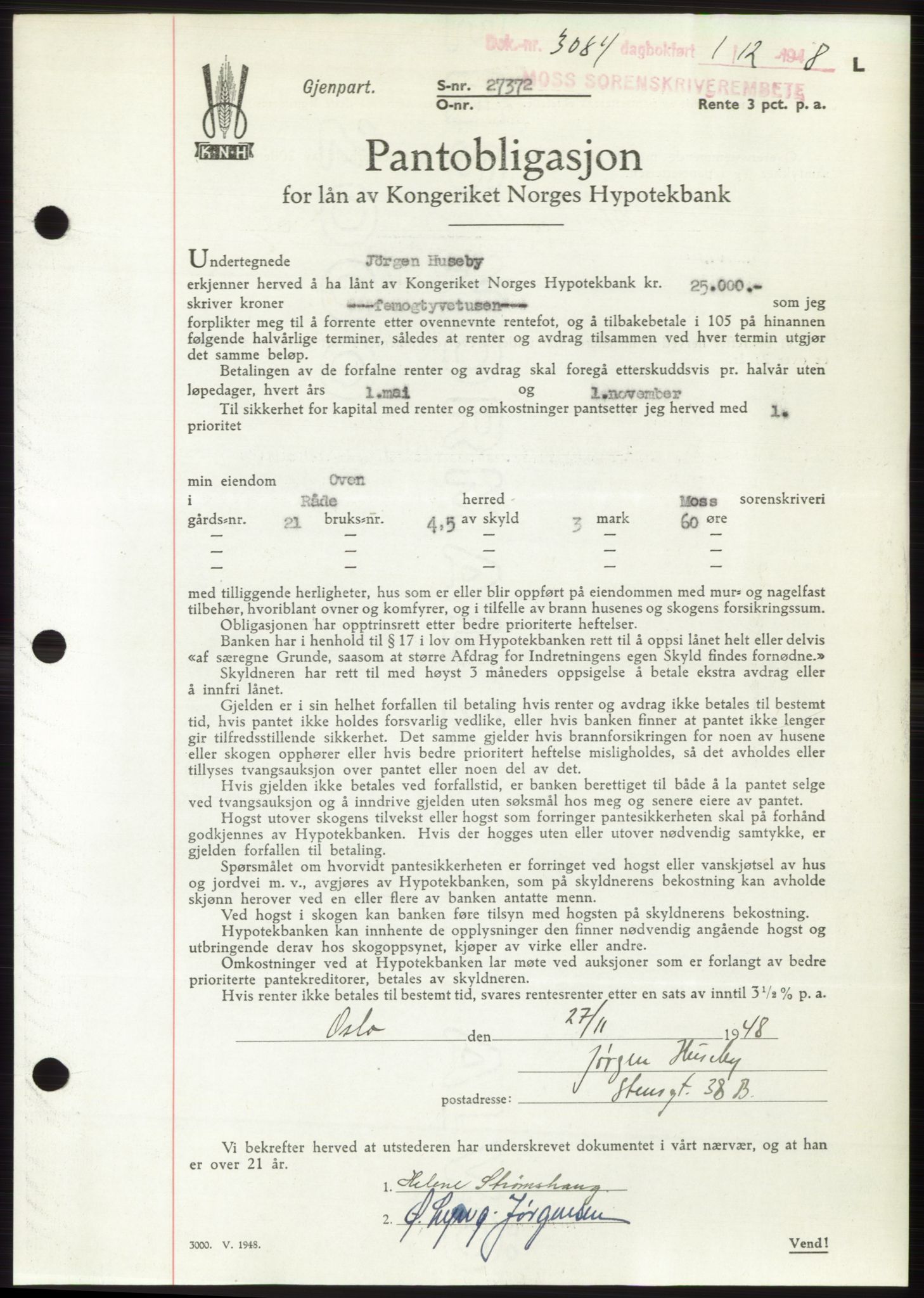 Moss sorenskriveri, AV/SAO-A-10168: Mortgage book no. B20, 1948-1948, Diary no: : 3084/1948