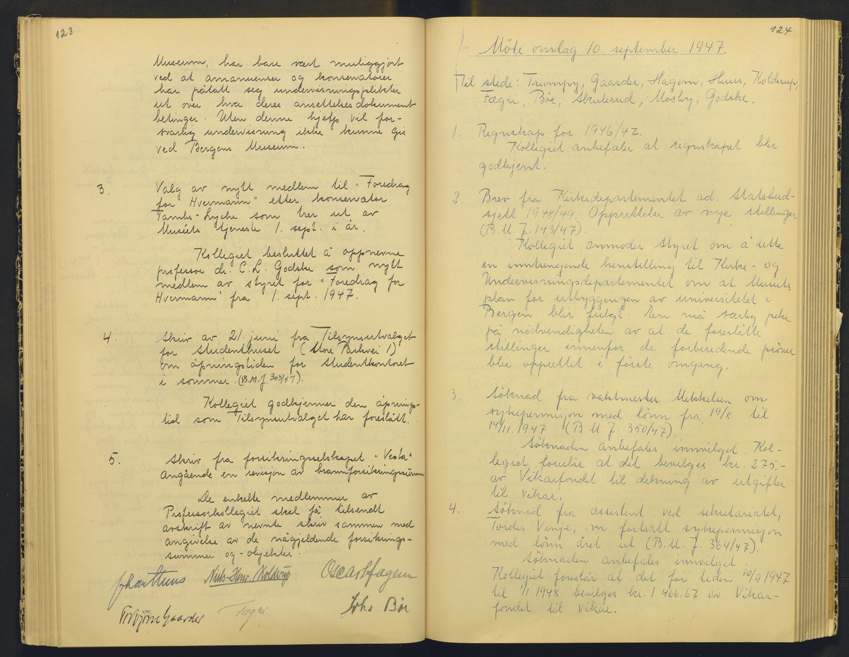 Bergens Museum, AV/SAB-A-17301/18/A/L0004: Professorkollegiets møtebok med register , 1945-1949, p. 123-124