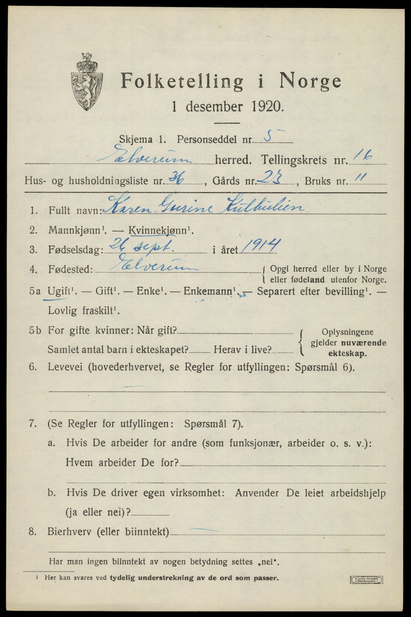 SAH, 1920 census for Elverum, 1920, p. 21196