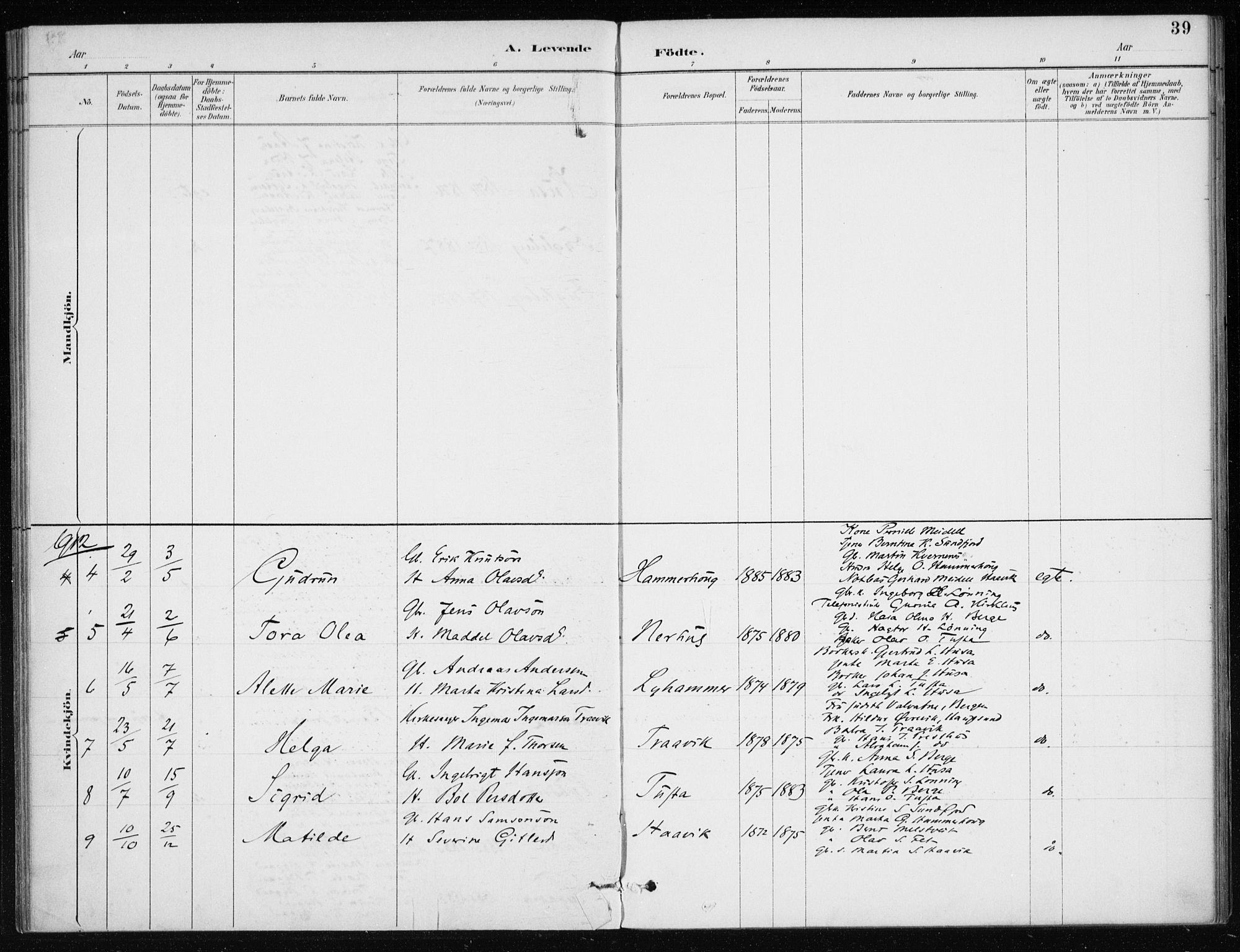 Kvinnherad sokneprestembete, SAB/A-76401/H/Haa: Parish register (official) no. E 1, 1887-1912, p. 39
