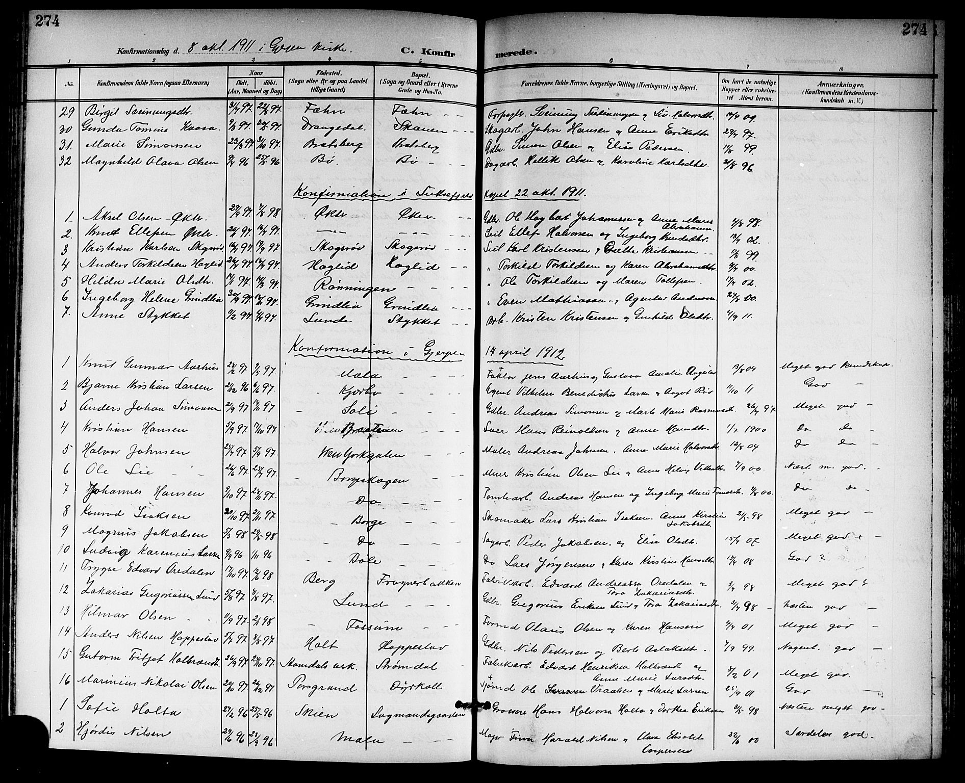 Gjerpen kirkebøker, SAKO/A-265/G/Ga/L0003: Parish register (copy) no. I 3, 1901-1919, p. 274