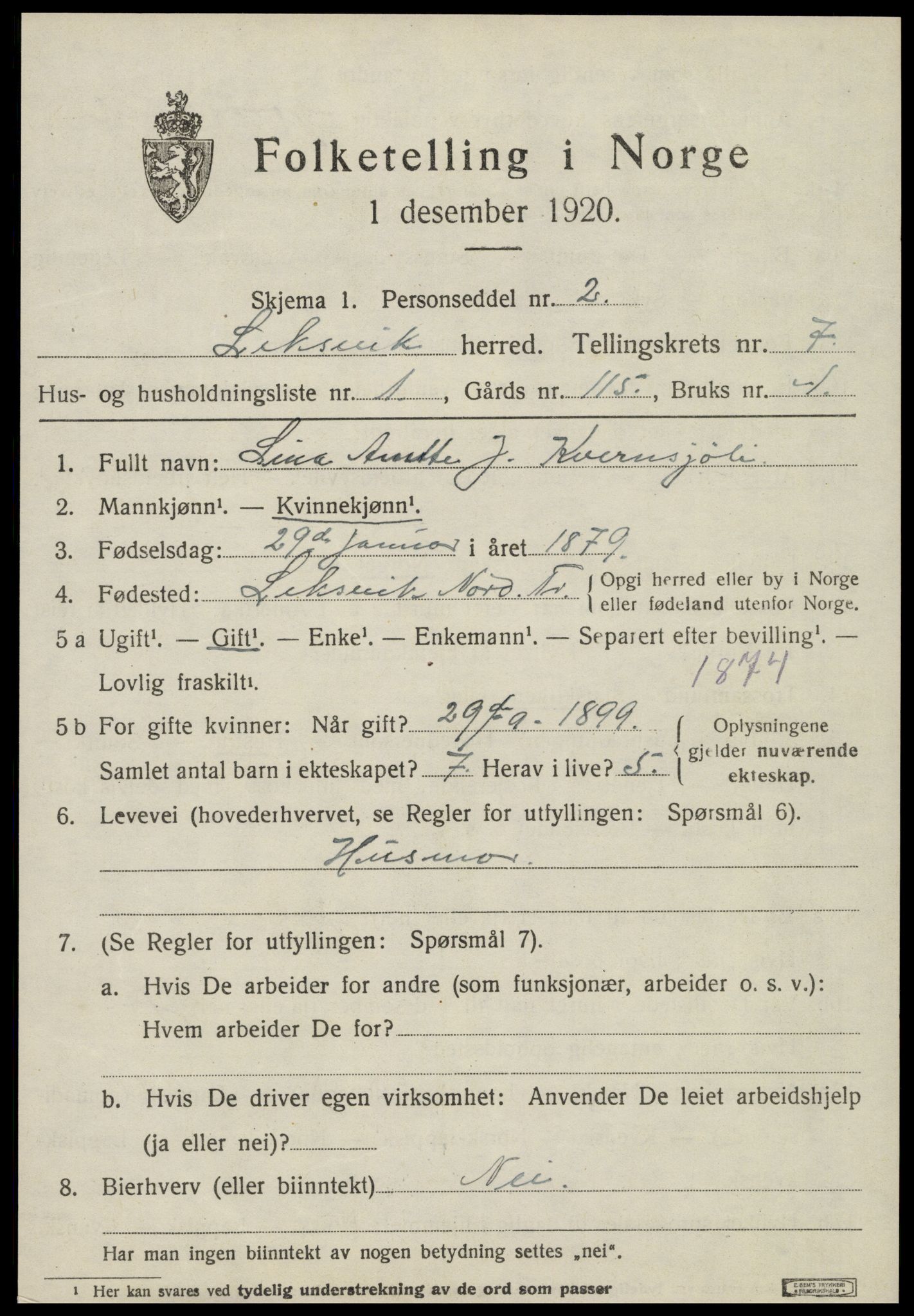 SAT, 1920 census for Leksvik, 1920, p. 6022