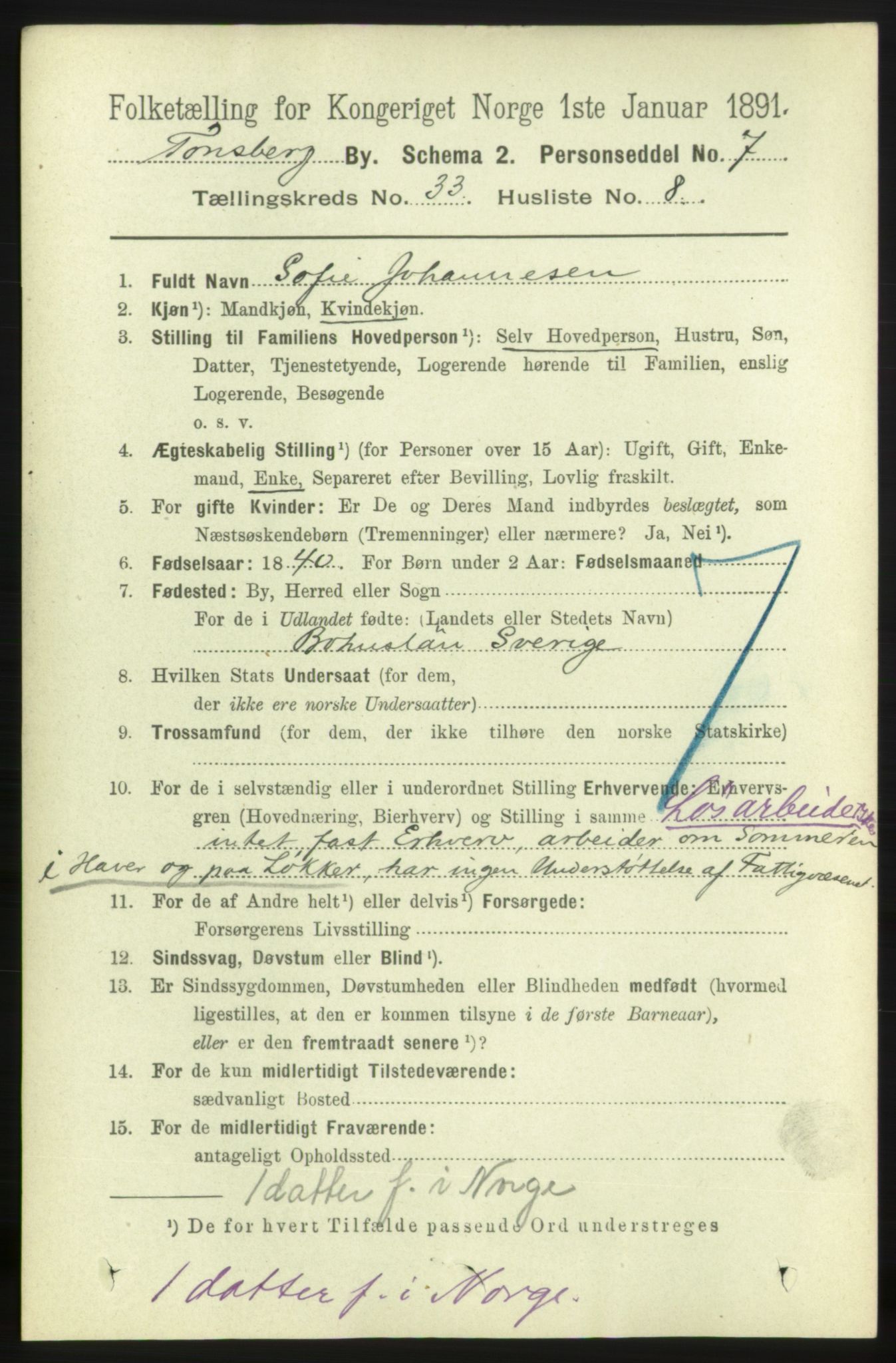 RA, 1891 census for 0705 Tønsberg, 1891, p. 7649