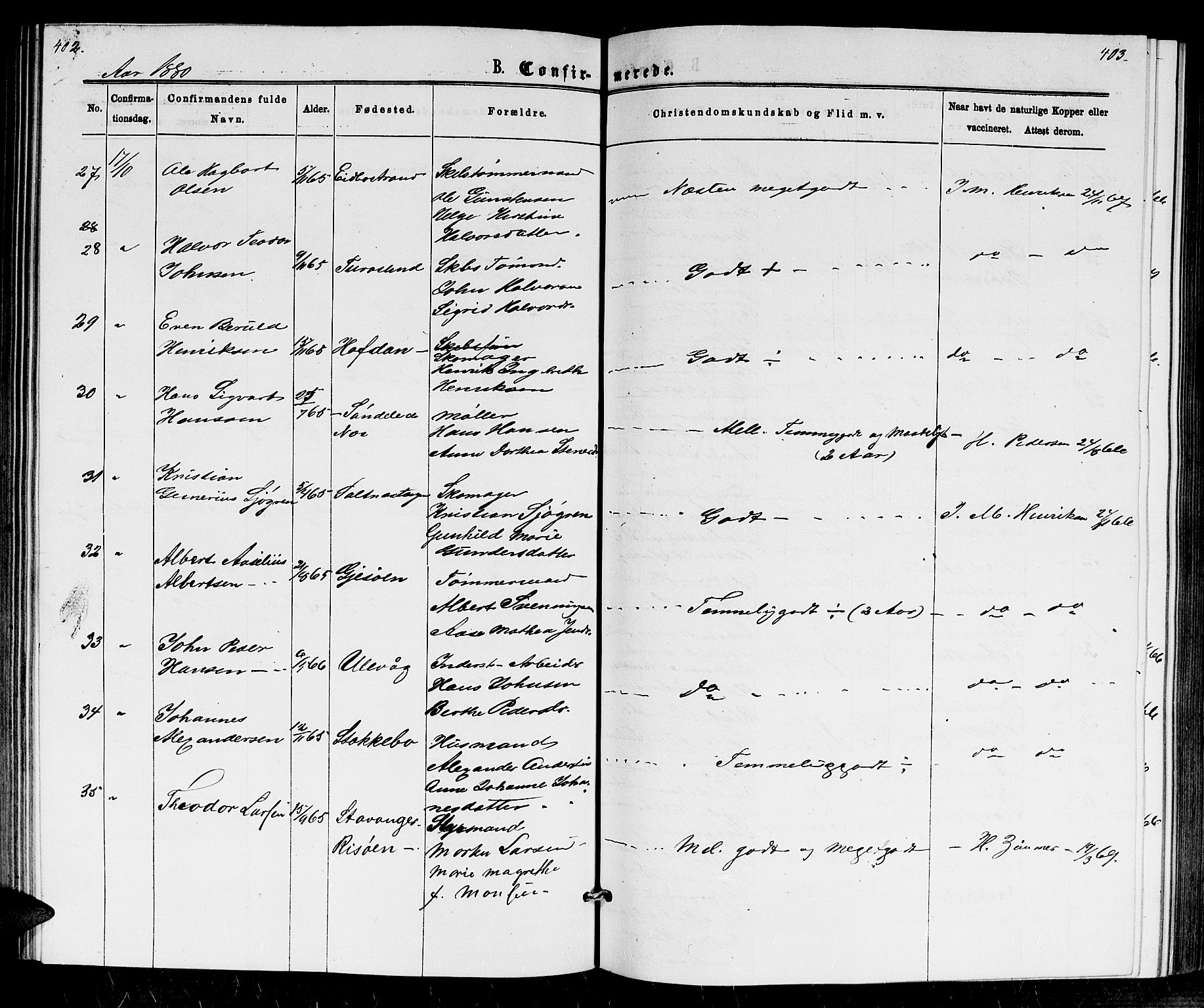 Dypvåg sokneprestkontor, AV/SAK-1111-0007/F/Fb/Fba/L0012: Parish register (copy) no. B 12, 1872-1886, p. 402-403