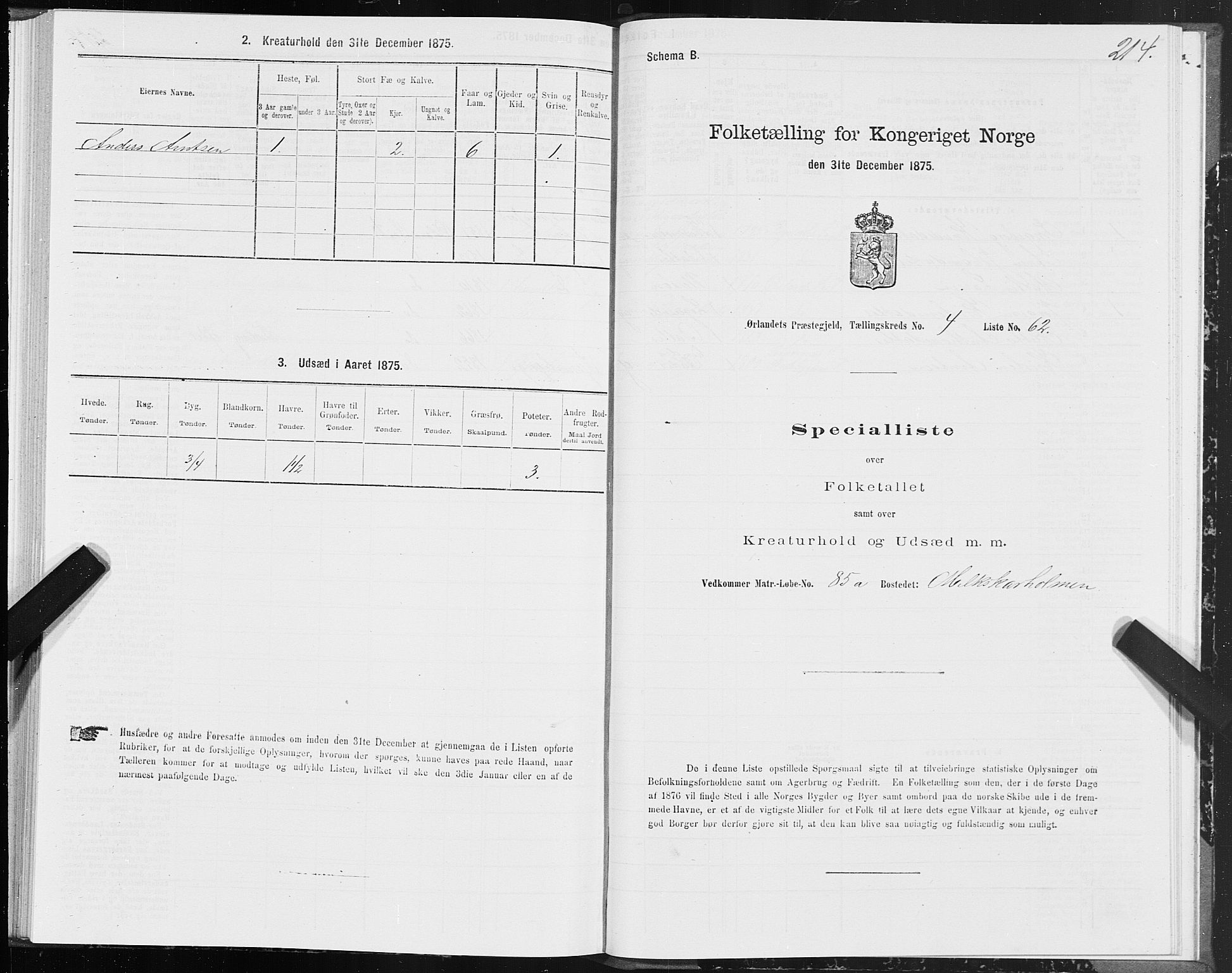 SAT, 1875 census for 1621P Ørland, 1875, p. 2214