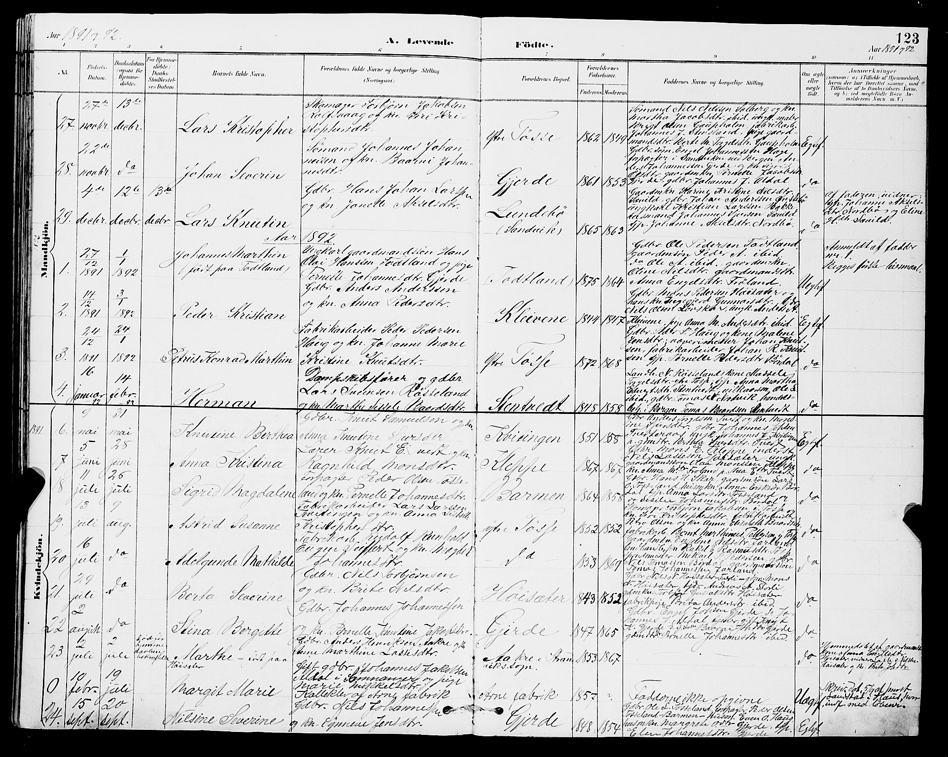 Samnanger Sokneprestembete, SAB/A-77501/H/Hab: Parish register (copy) no. A 2, 1879-1897, p. 123