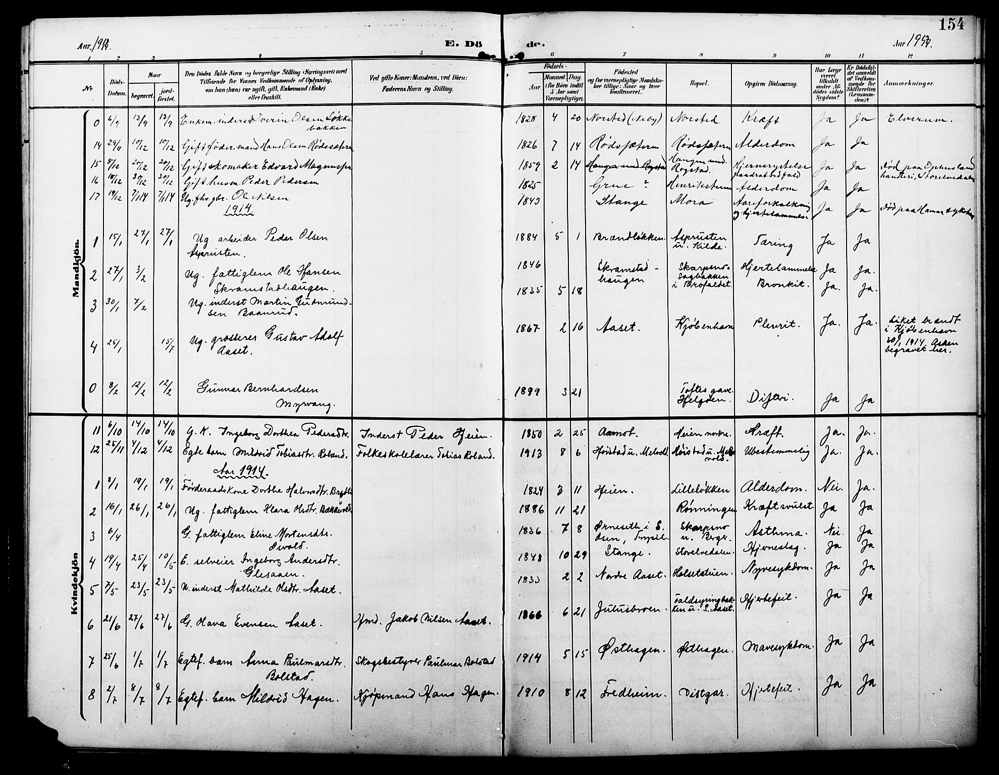 Åmot prestekontor, Hedmark, AV/SAH-PREST-056/H/Ha/Hab/L0004: Parish register (copy) no. 4, 1905-1920, p. 154