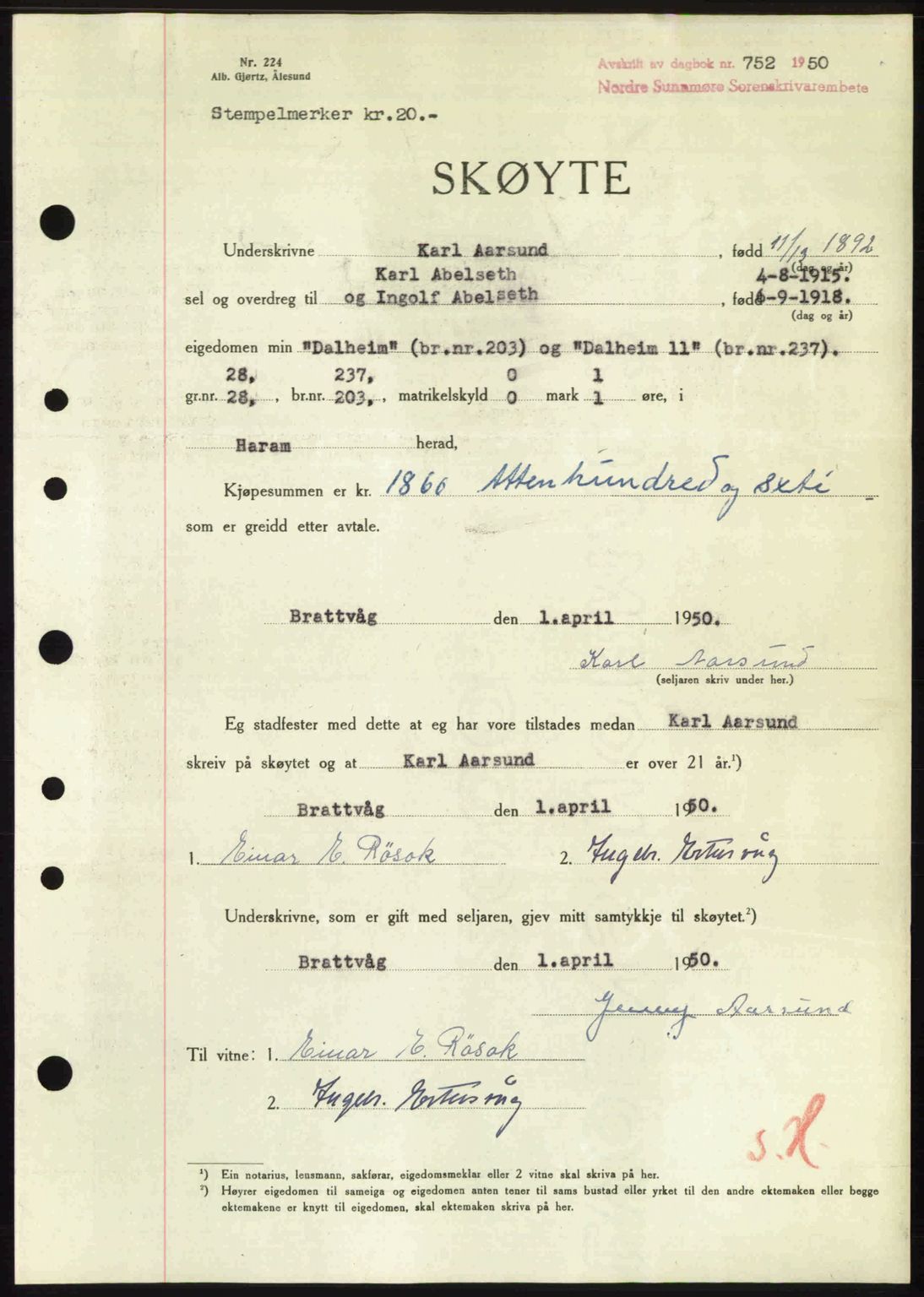 Nordre Sunnmøre sorenskriveri, AV/SAT-A-0006/1/2/2C/2Ca: Mortgage book no. A34, 1950-1950, Diary no: : 751/1950