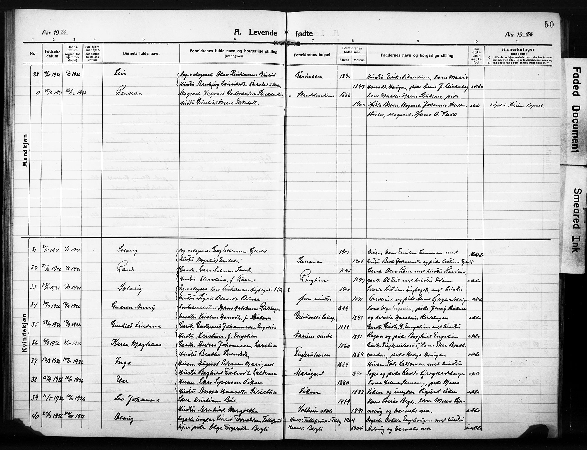 Søndre Land prestekontor, AV/SAH-PREST-122/L/L0007: Parish register (copy) no. 7, 1915-1932, p. 50