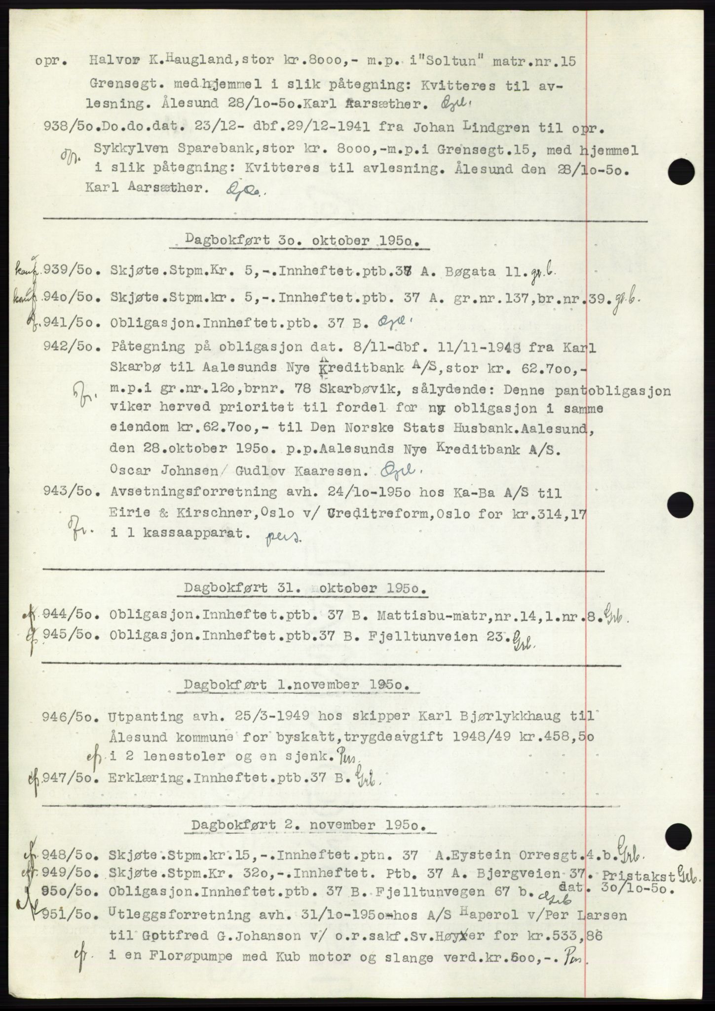 Ålesund byfogd, AV/SAT-A-4384: Mortgage book no. C37, 1950-1951, Diary no: : 938/1950