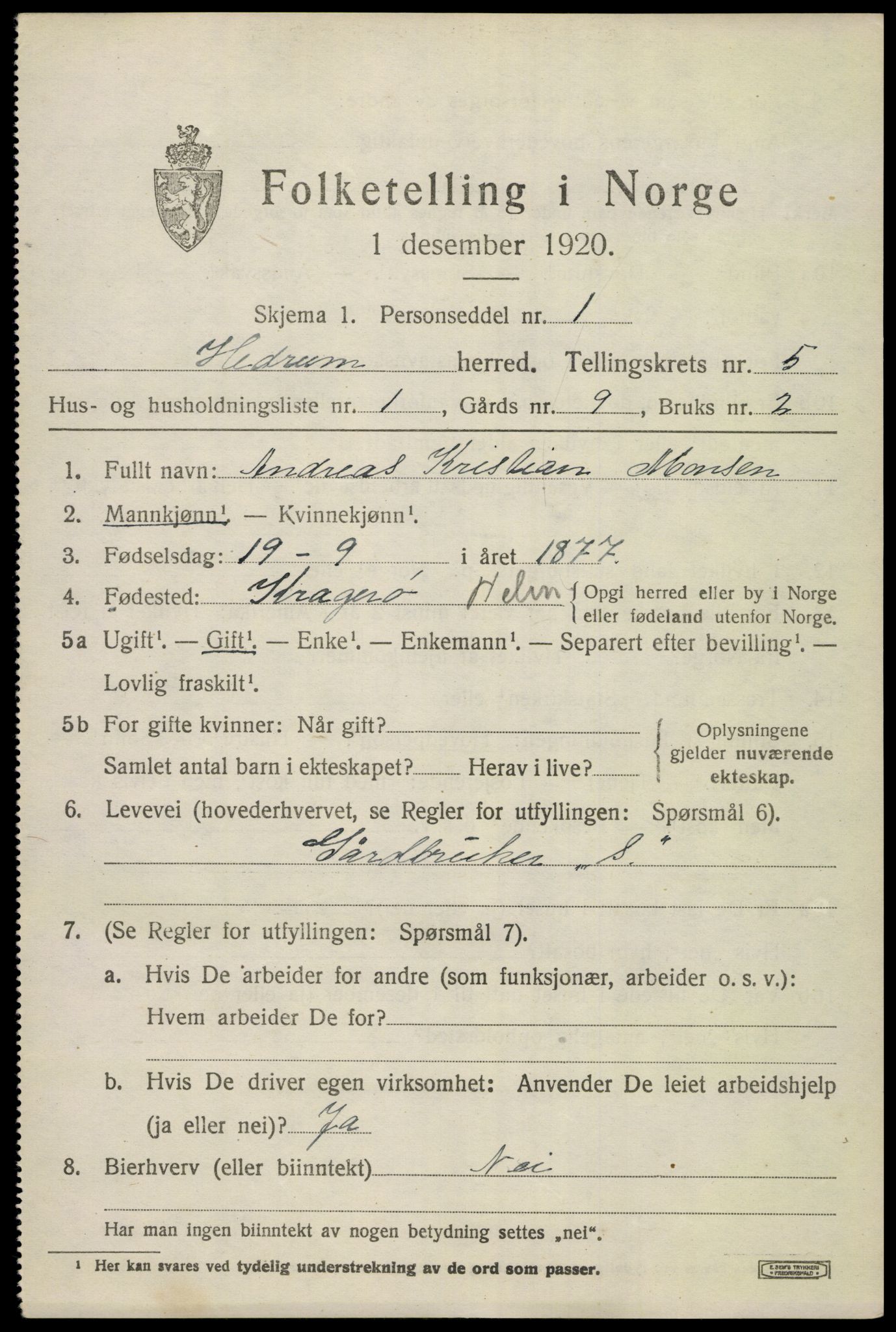 SAKO, 1920 census for Hedrum, 1920, p. 4769