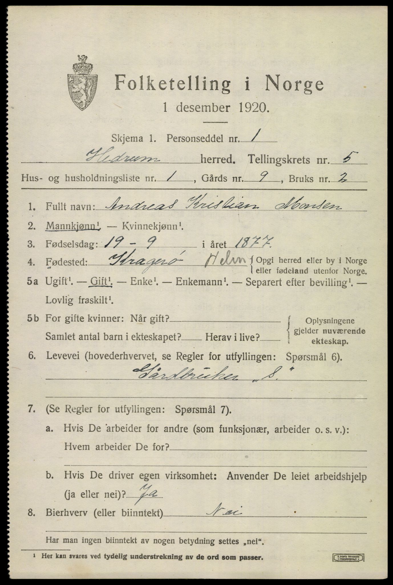 SAKO, 1920 census for Hedrum, 1920, p. 4769