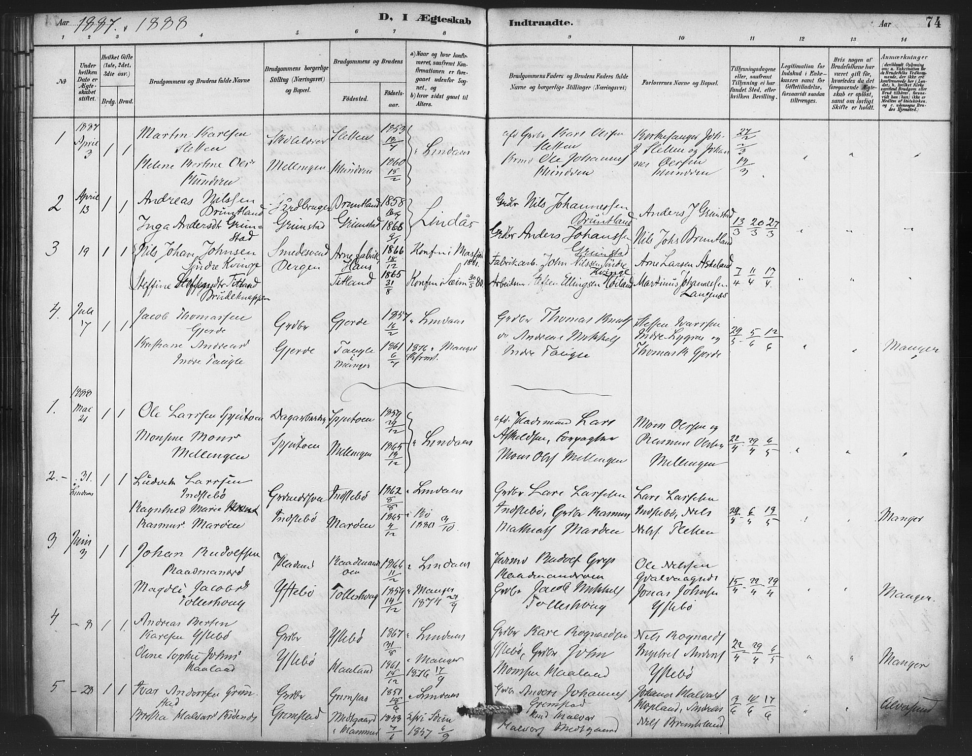 Lindås Sokneprestembete, SAB/A-76701/H/Haa: Parish register (official) no. E 1, 1886-1897, p. 74