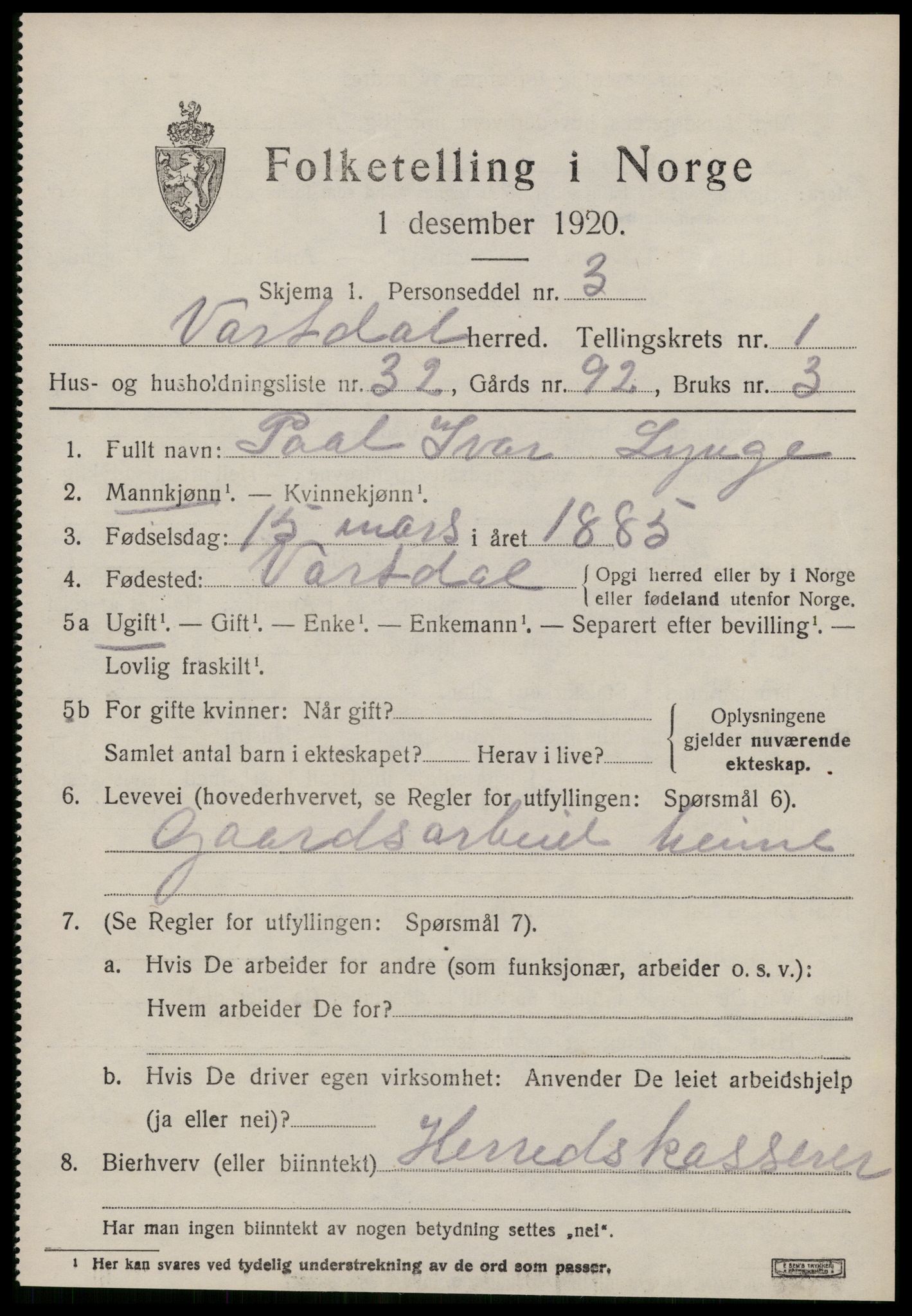 SAT, 1920 census for Vartdal, 1920, p. 735