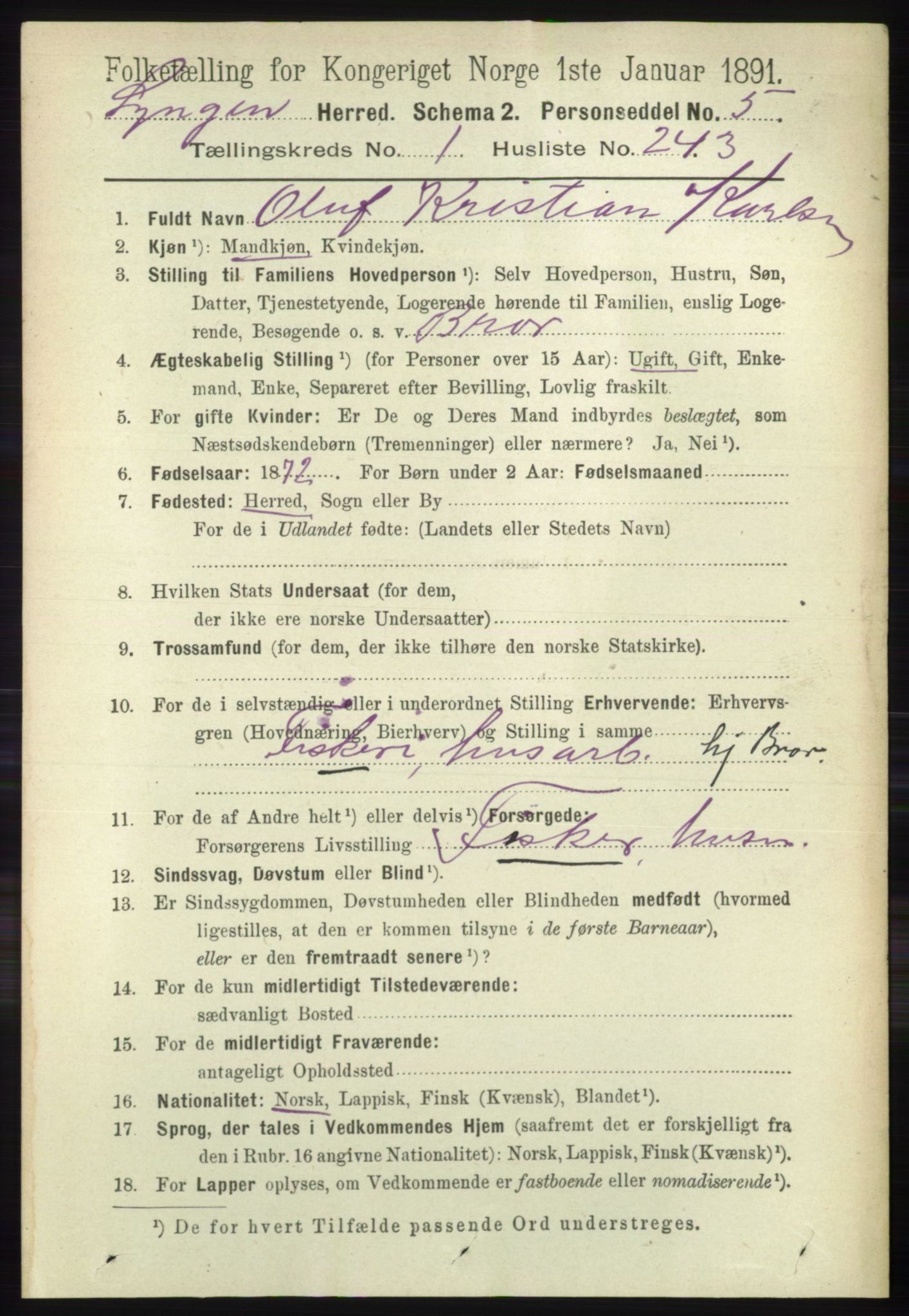 RA, 1891 census for 1938 Lyngen, 1891, p. 1897