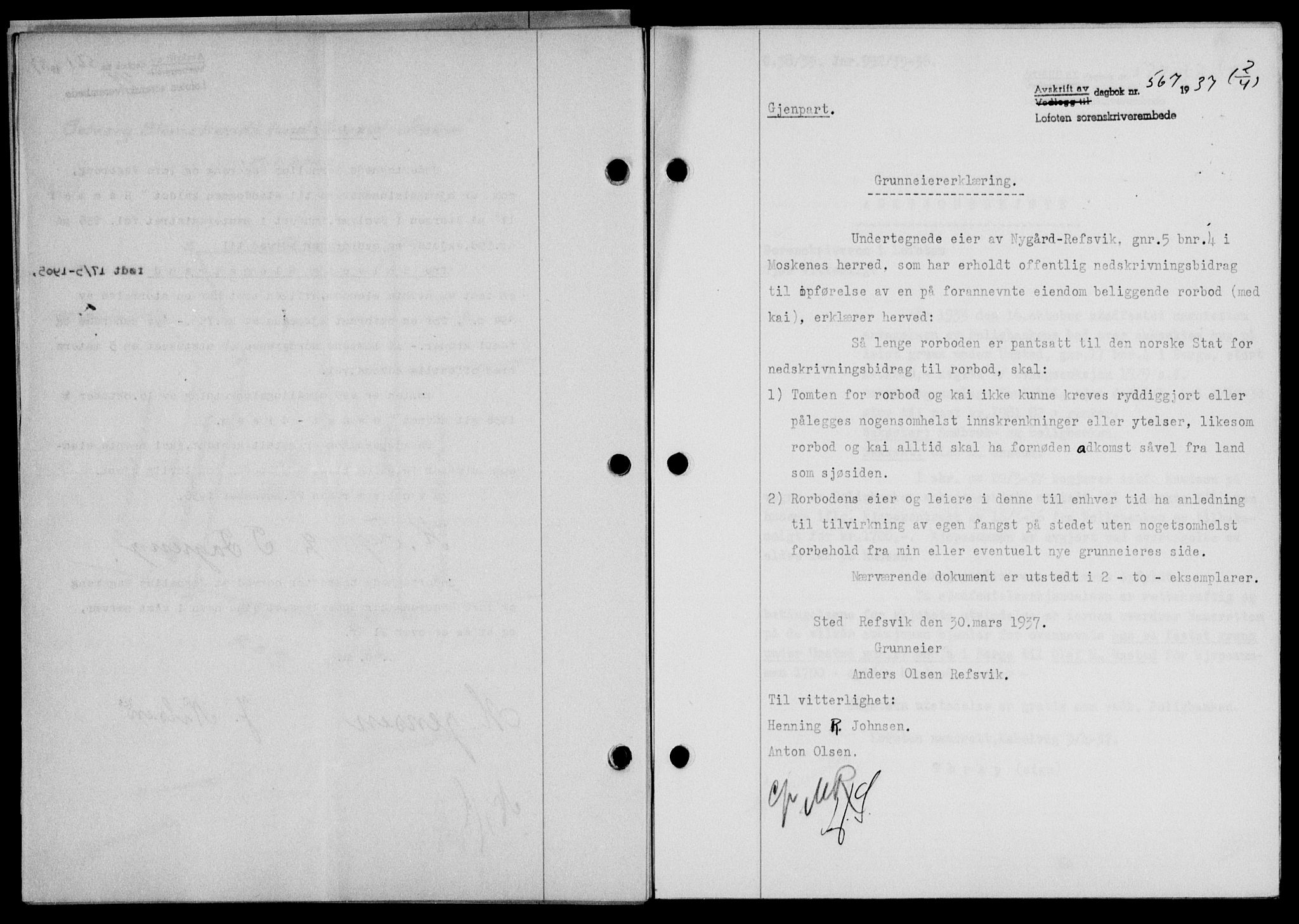 Lofoten sorenskriveri, SAT/A-0017/1/2/2C/L0002a: Mortgage book no. 2a, 1937-1937, Diary no: : 567/1937