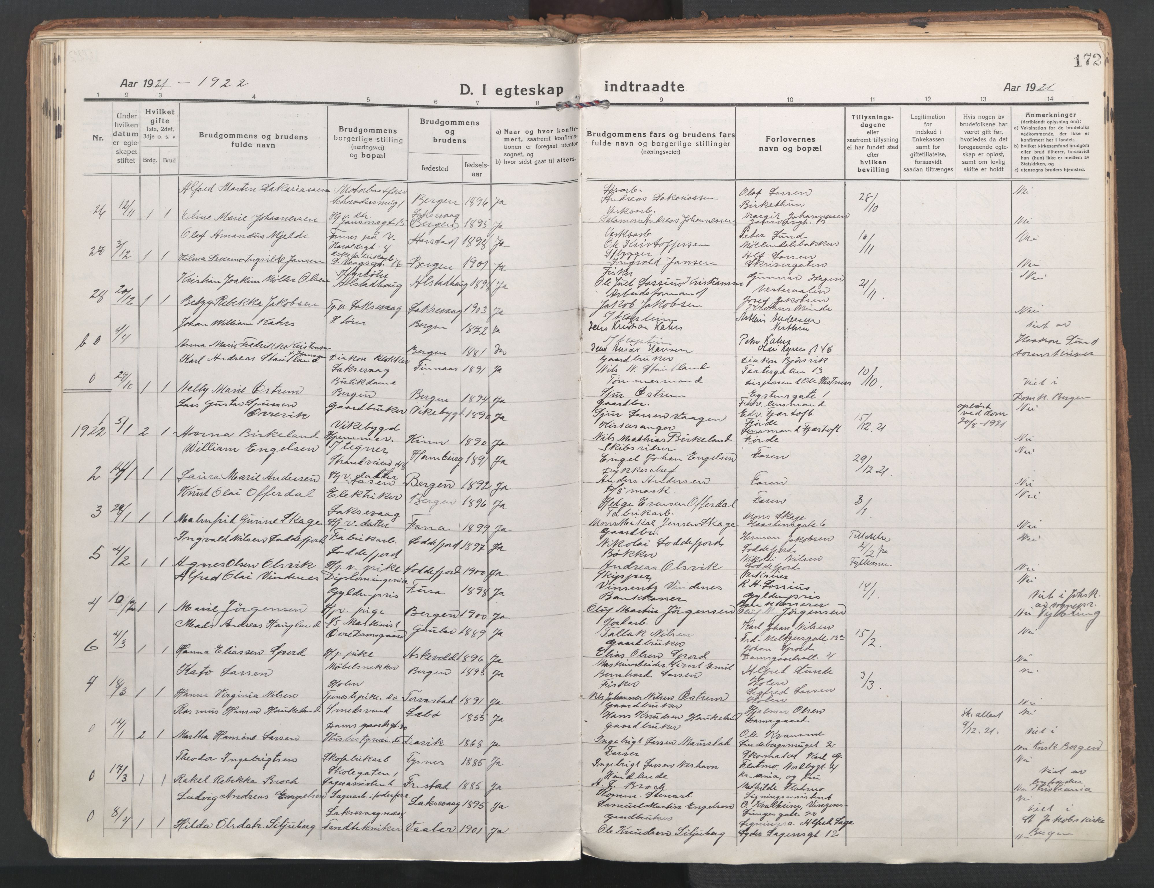 Laksevåg Sokneprestembete, AV/SAB-A-76501/H/Ha/Haa/Haaa/L0002: Parish register (official) no. A 2, 1917-1927, p. 172