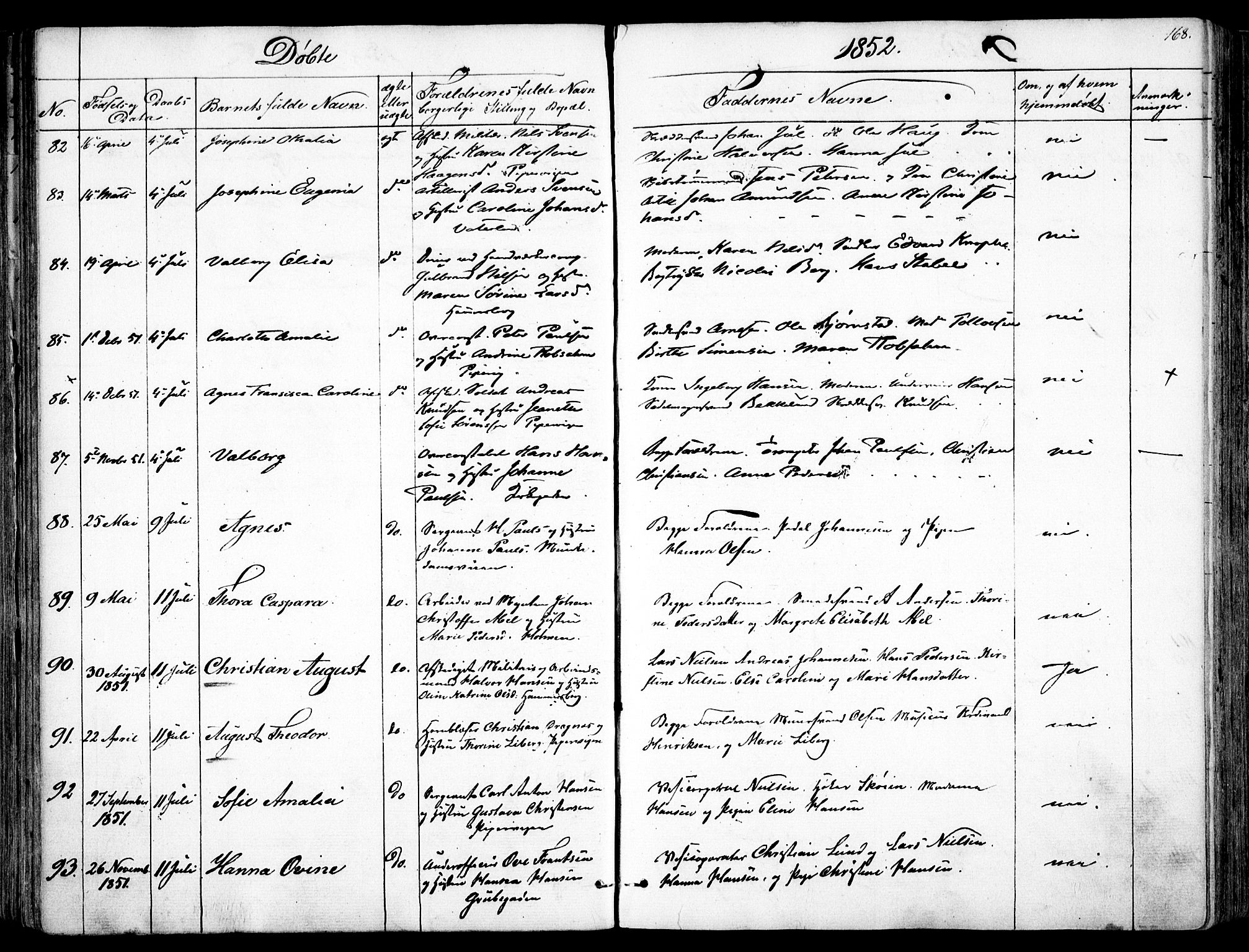 Garnisonsmenigheten Kirkebøker, AV/SAO-A-10846/F/Fa/L0008: Parish register (official) no. 8, 1842-1859, p. 168