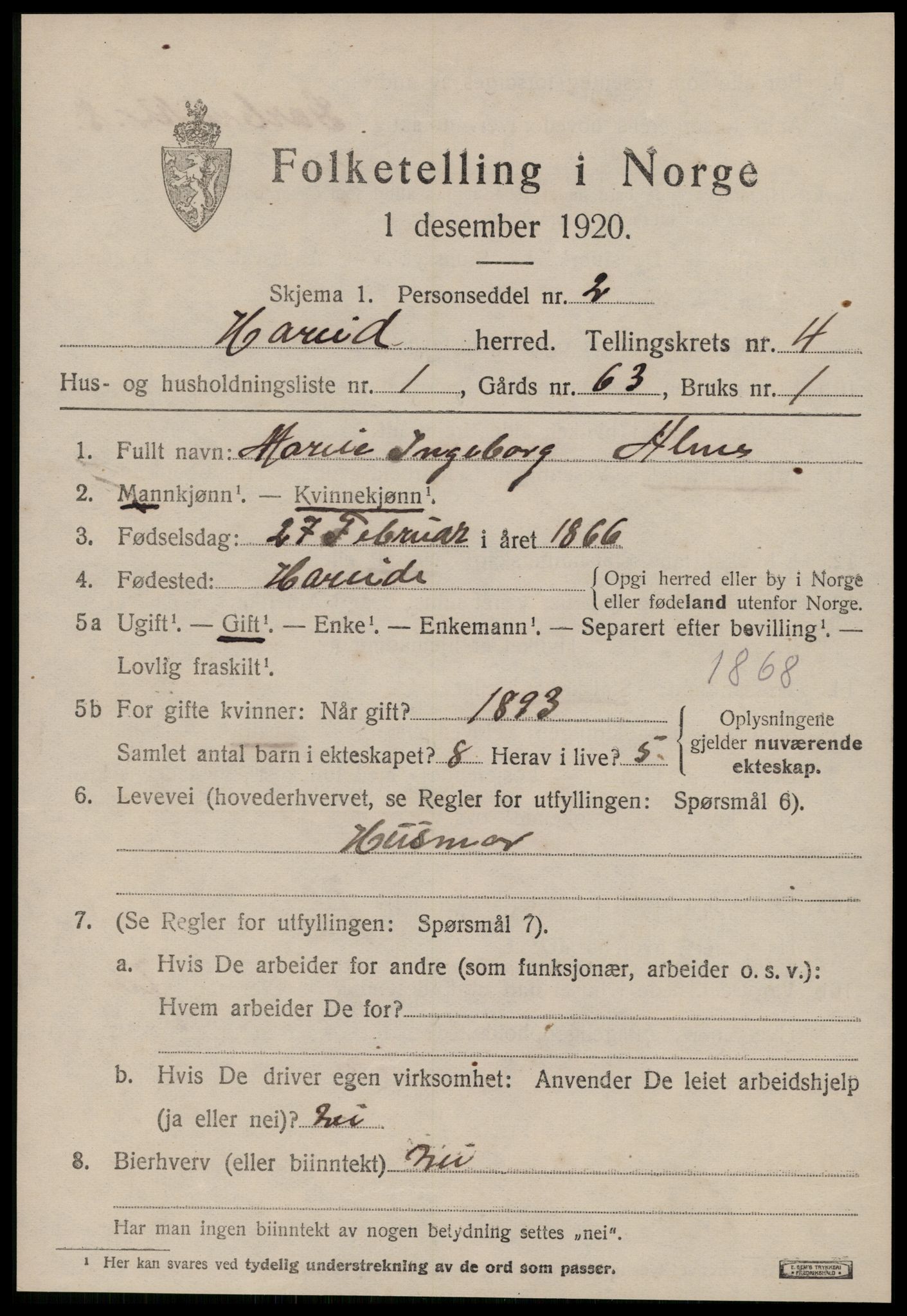 SAT, 1920 census for Hareid, 1920, p. 1689