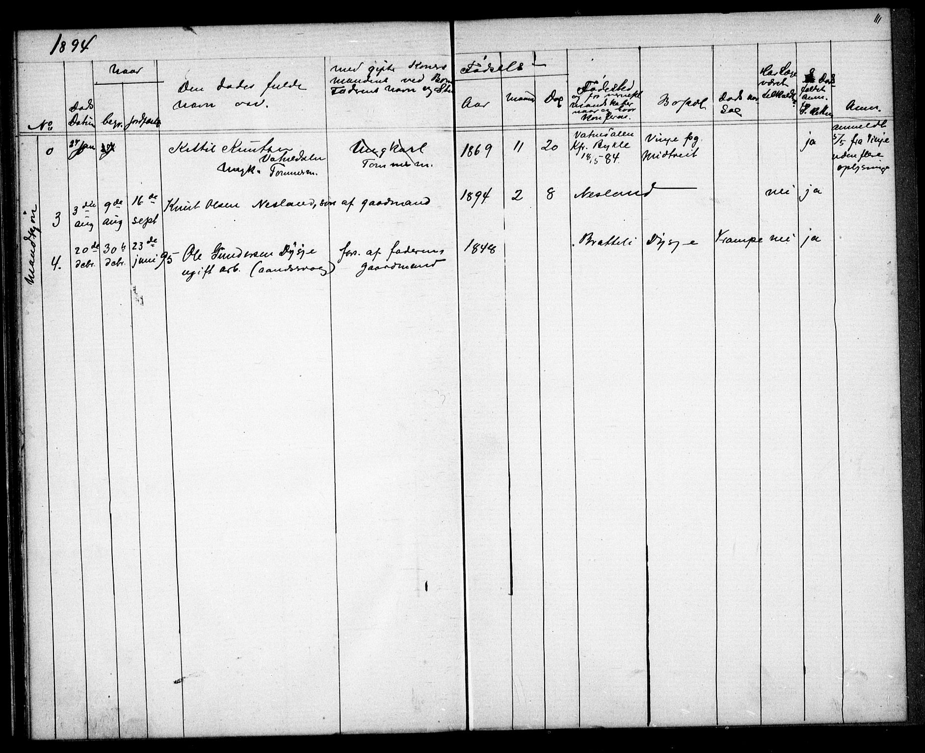 Valle sokneprestkontor, AV/SAK-1111-0044/F/Fb/Fba/L0002: Parish register (copy) no. B 2, 1882-1894, p. 111