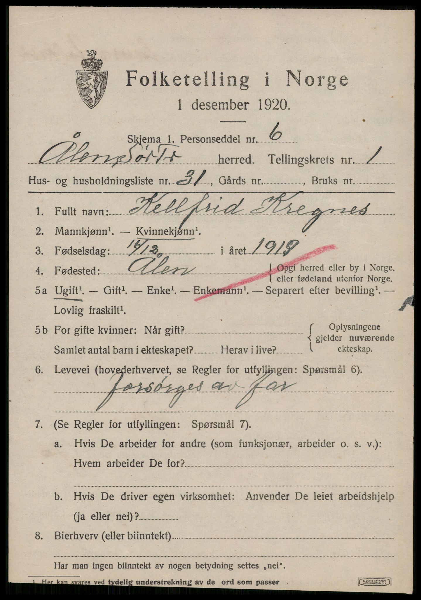 SAT, 1920 census for Ålen, 1920, p. 1200