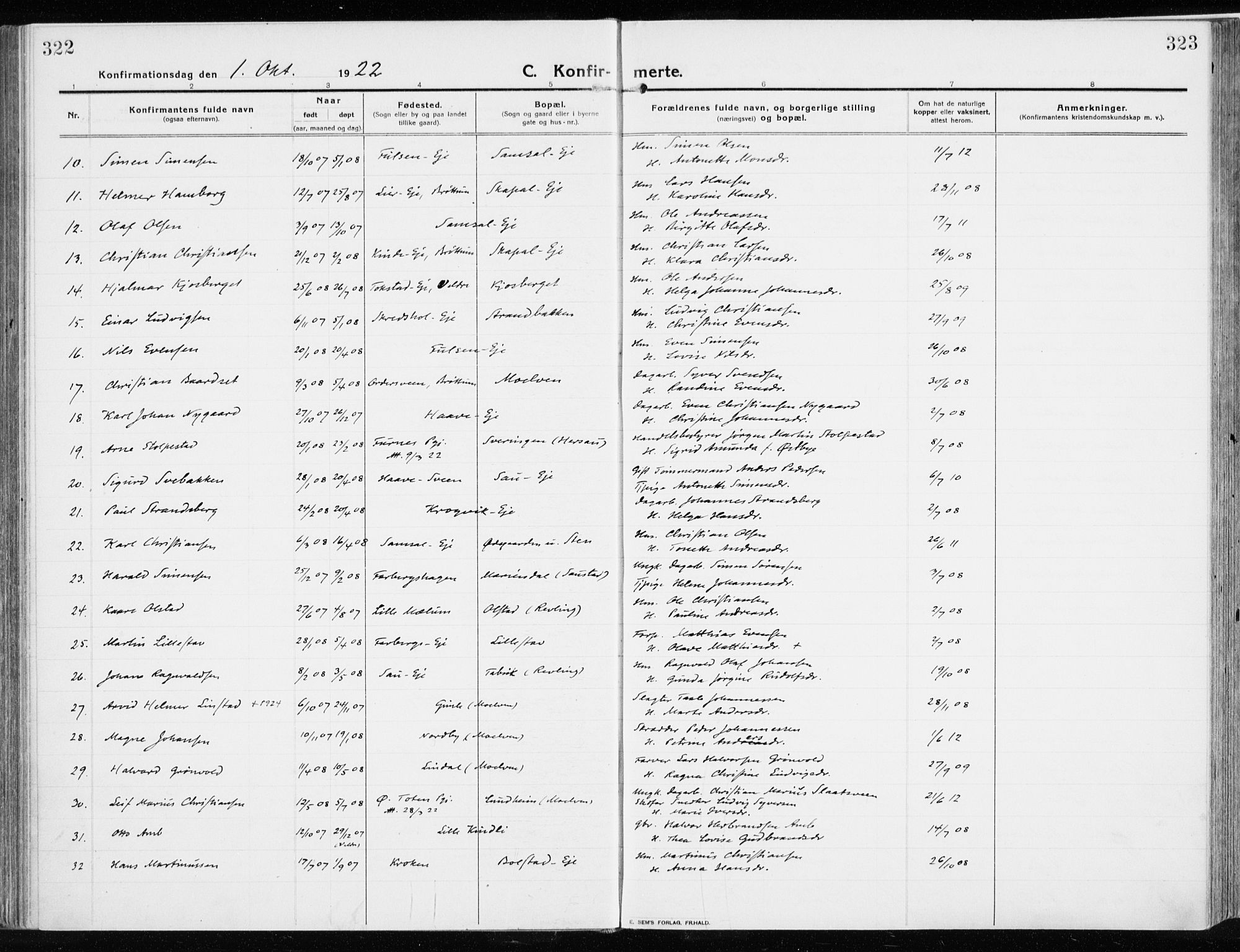 Ringsaker prestekontor, AV/SAH-PREST-014/K/Ka/L0020: Parish register (official) no. 20, 1913-1922, p. 322-323