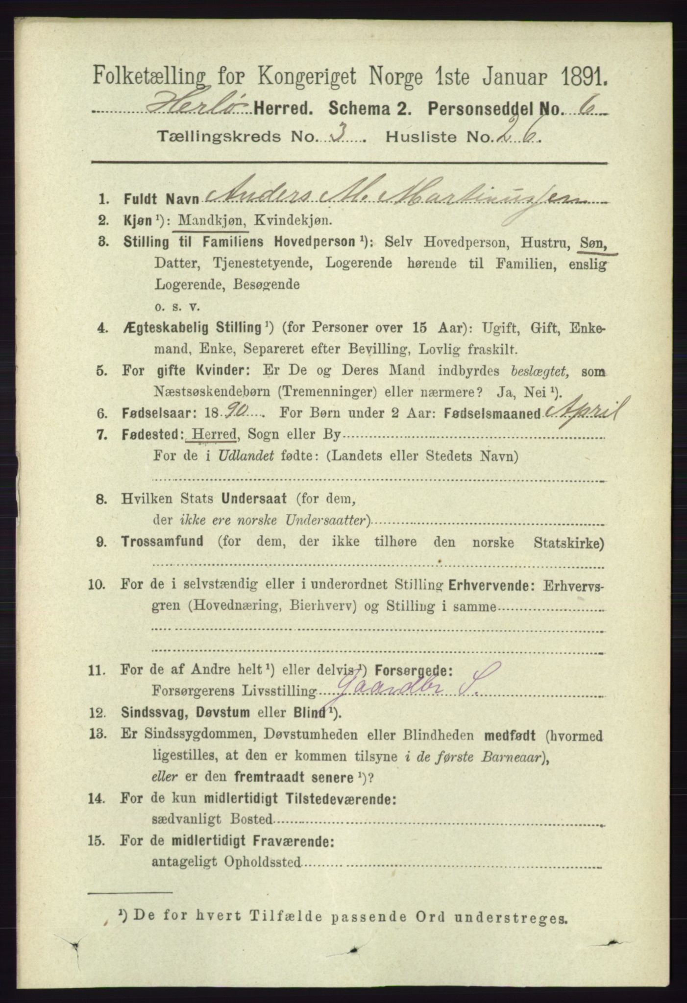 RA, 1891 census for 1258 Herdla, 1891, p. 1250