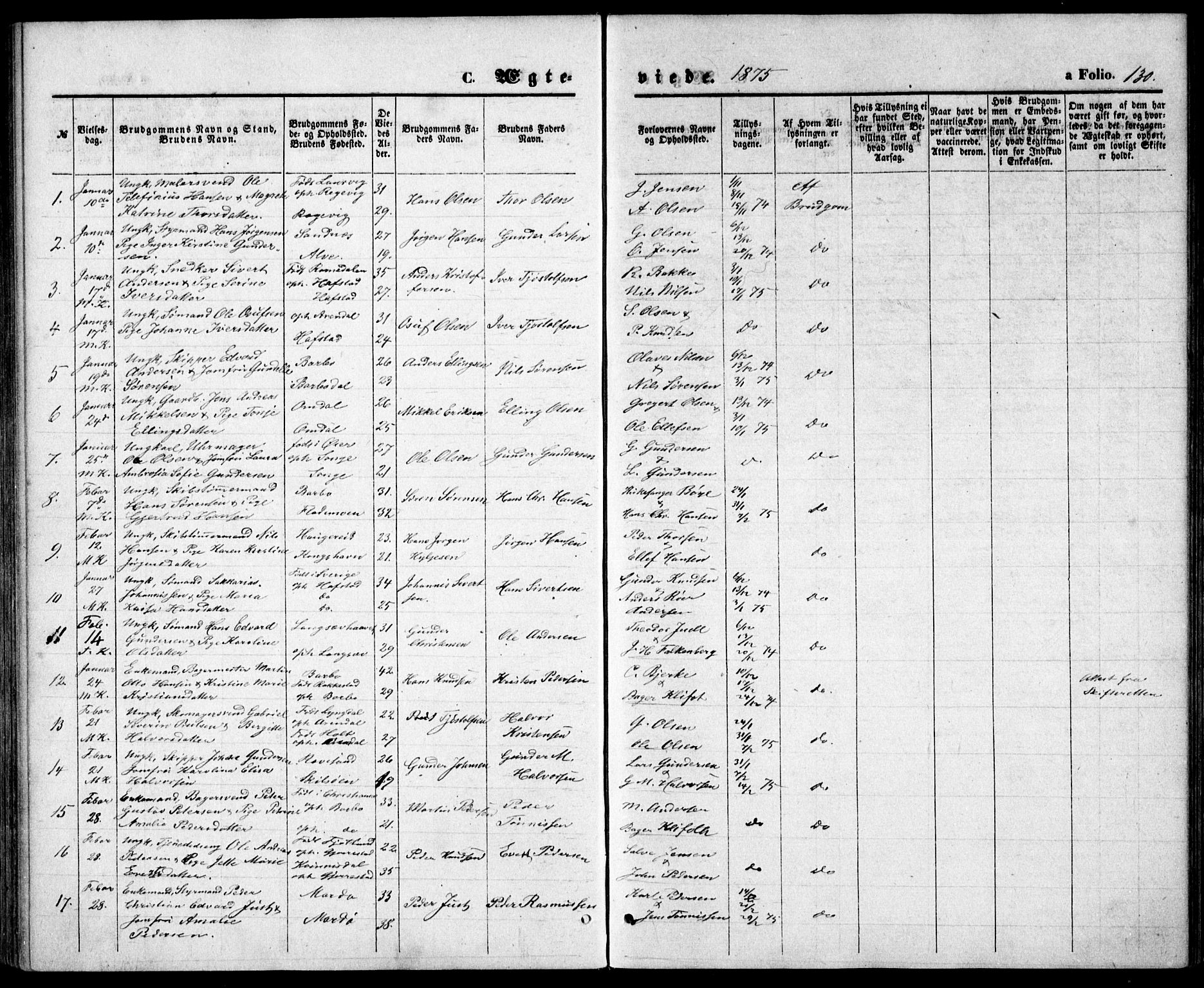 Tromøy sokneprestkontor, SAK/1111-0041/F/Fb/L0004: Parish register (copy) no. B 4, 1869-1877, p. 130