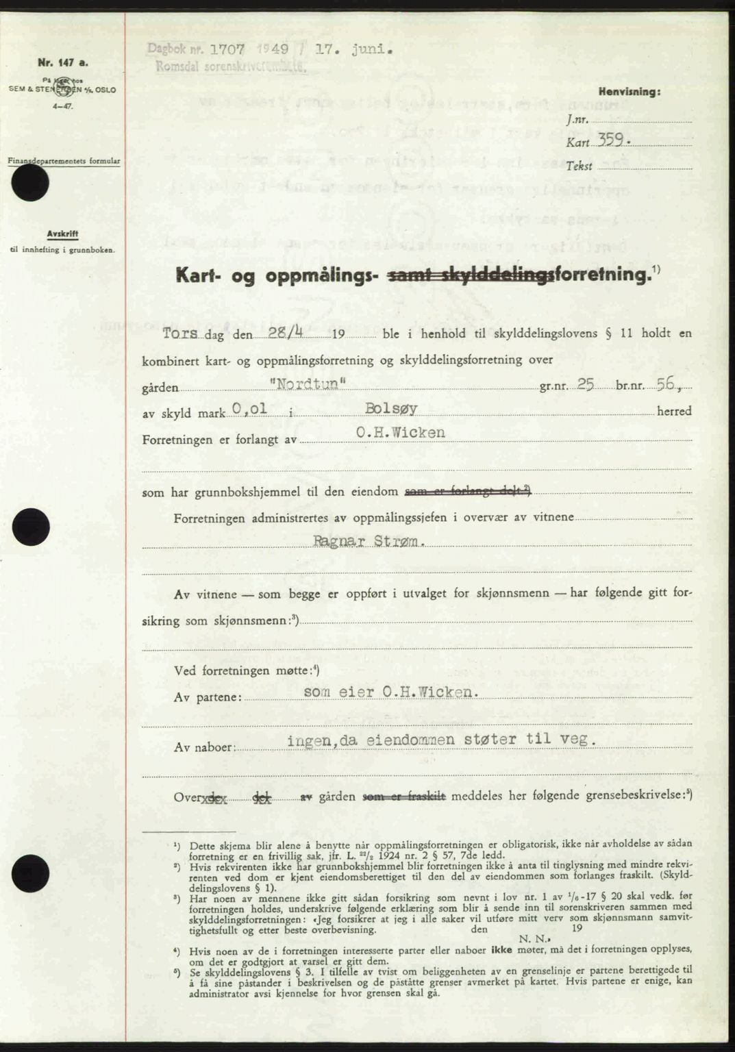 Romsdal sorenskriveri, AV/SAT-A-4149/1/2/2C: Mortgage book no. A30, 1949-1949, Diary no: : 1707/1949