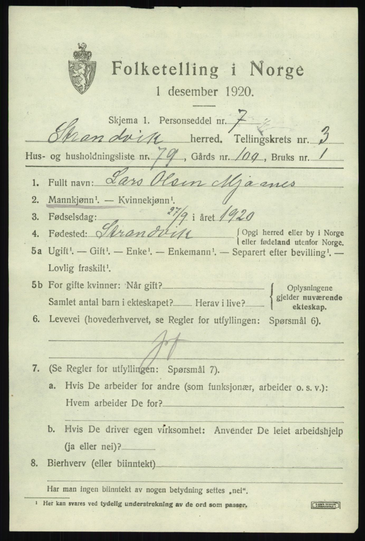 SAB, 1920 census for Strandvik, 1920, p. 3146