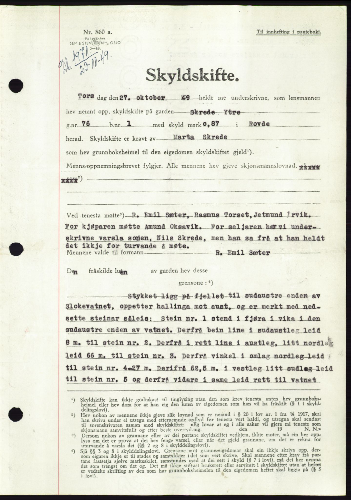 Søre Sunnmøre sorenskriveri, AV/SAT-A-4122/1/2/2C/L0085: Mortgage book no. 11A, 1949-1949, Diary no: : 1971/1949