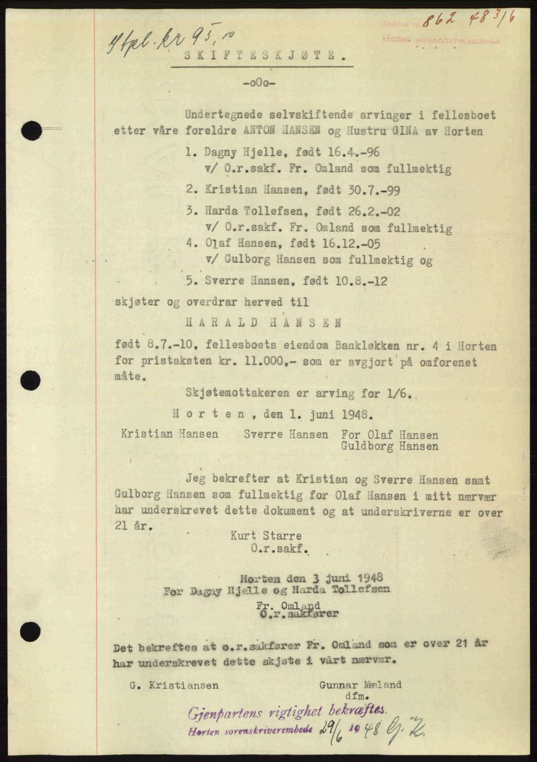 Horten sorenskriveri, AV/SAKO-A-133/G/Ga/Gaa/L0010: Mortgage book no. A-10, 1947-1948, Diary no: : 862/1948