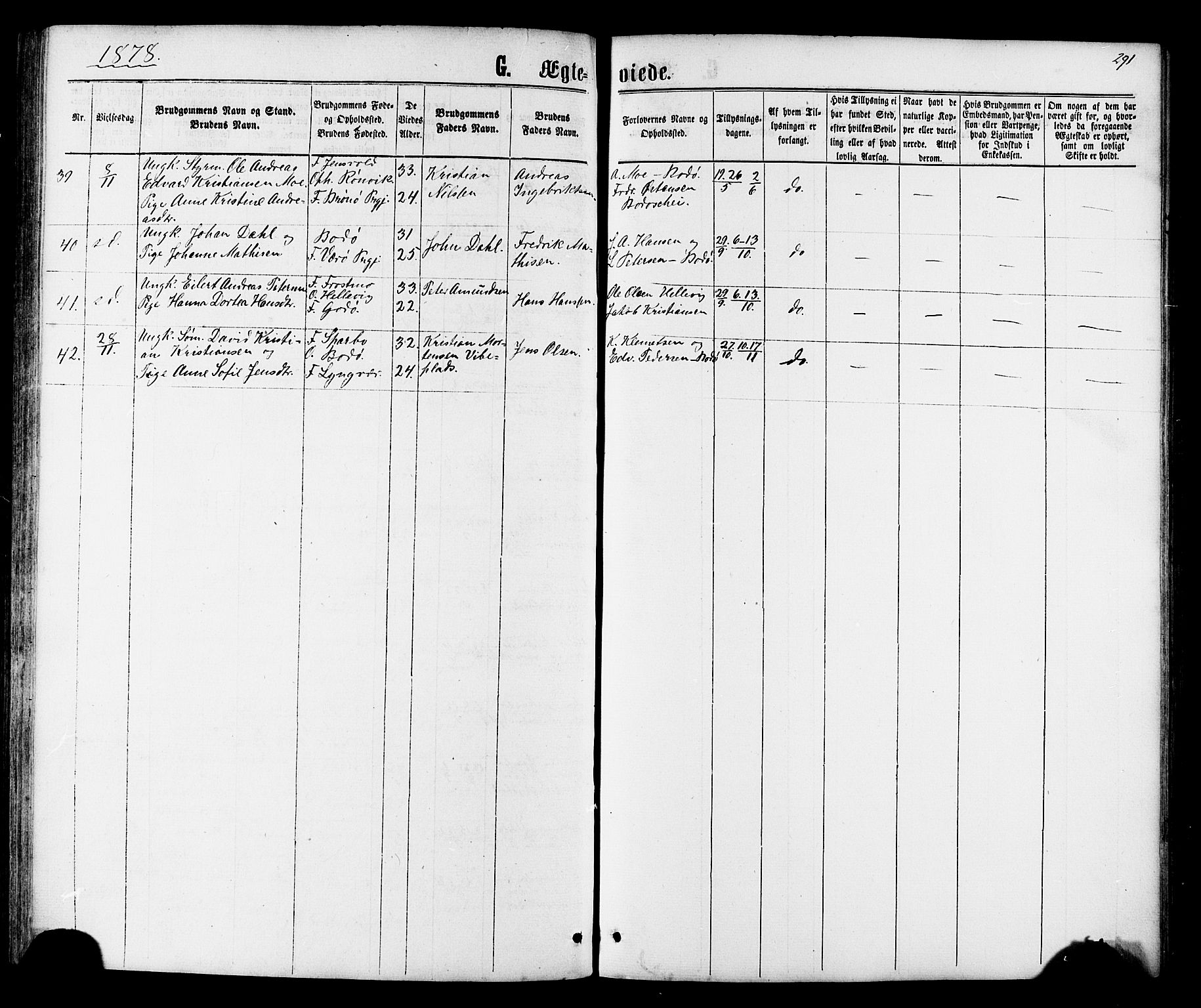 Ministerialprotokoller, klokkerbøker og fødselsregistre - Nordland, AV/SAT-A-1459/801/L0029: Parish register (copy) no. 801C04, 1868-1878, p. 291