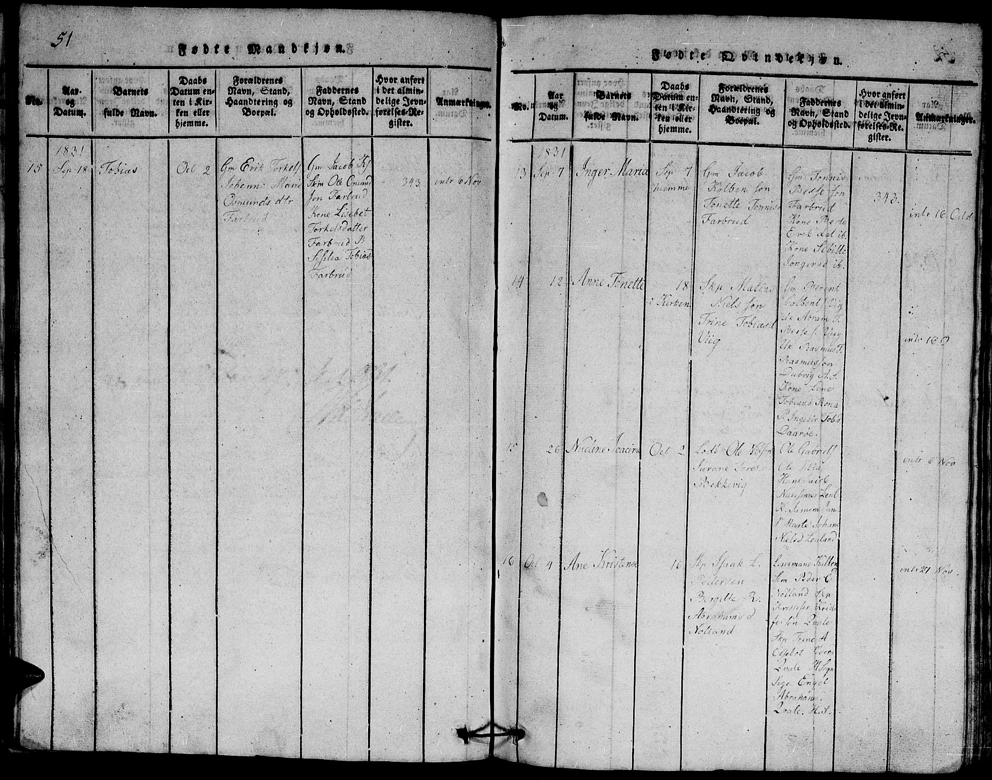Herad sokneprestkontor, AV/SAK-1111-0018/F/Fb/Fbb/L0001: Parish register (copy) no. B 1, 1815-1852, p. 51
