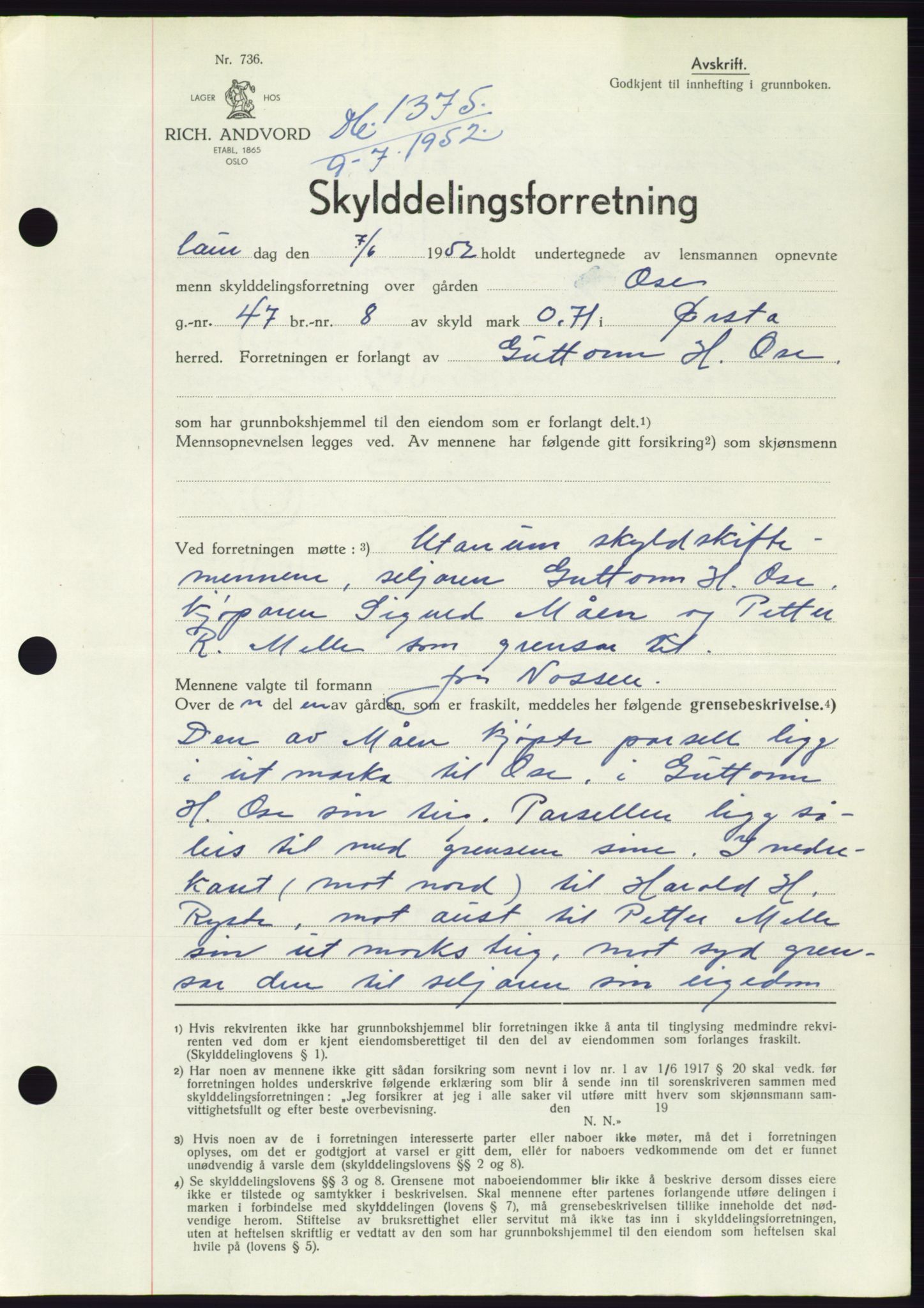 Søre Sunnmøre sorenskriveri, AV/SAT-A-4122/1/2/2C/L0092: Mortgage book no. 18A, 1952-1952, Diary no: : 1375/1952