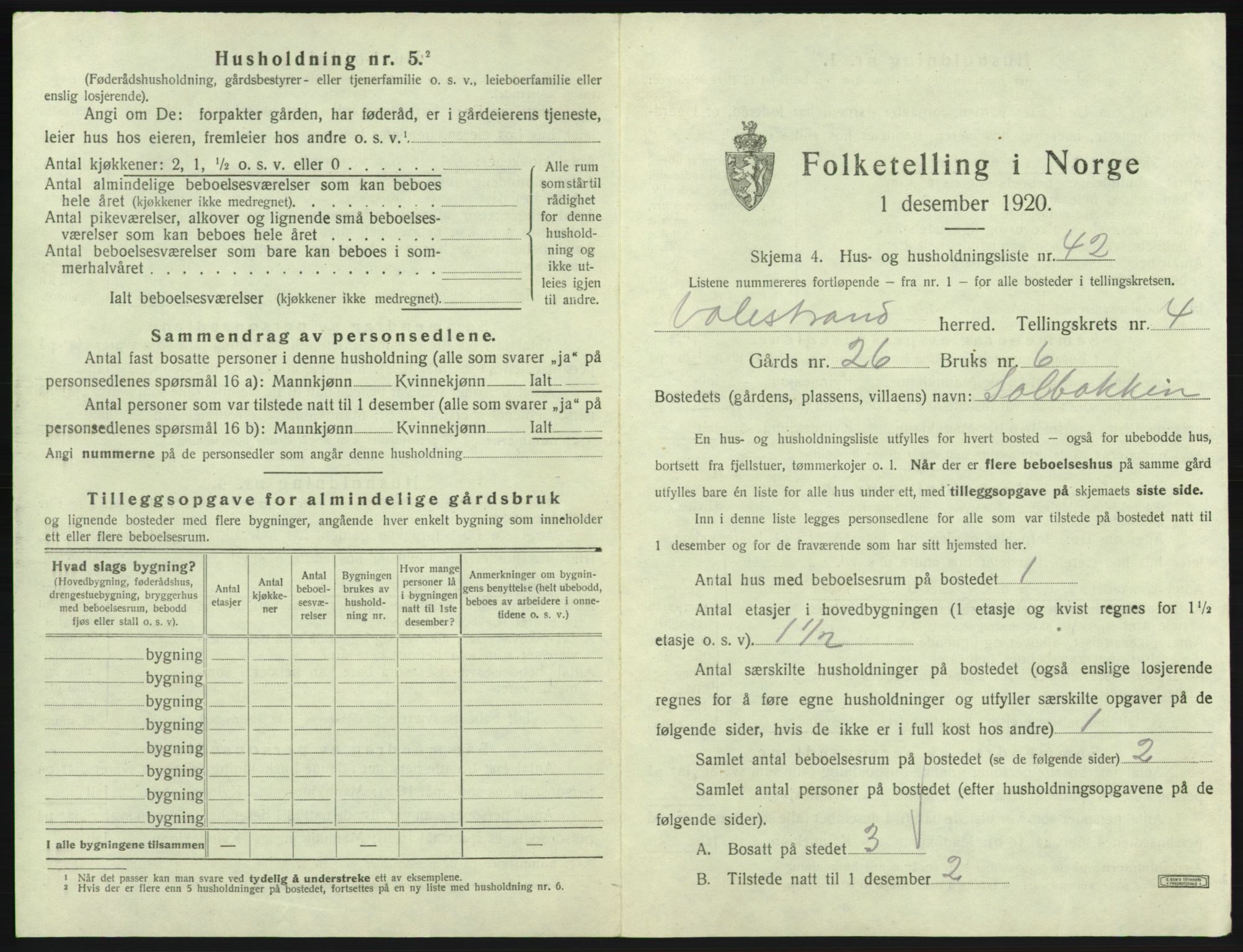 SAB, 1920 census for Valestrand, 1920, p. 325