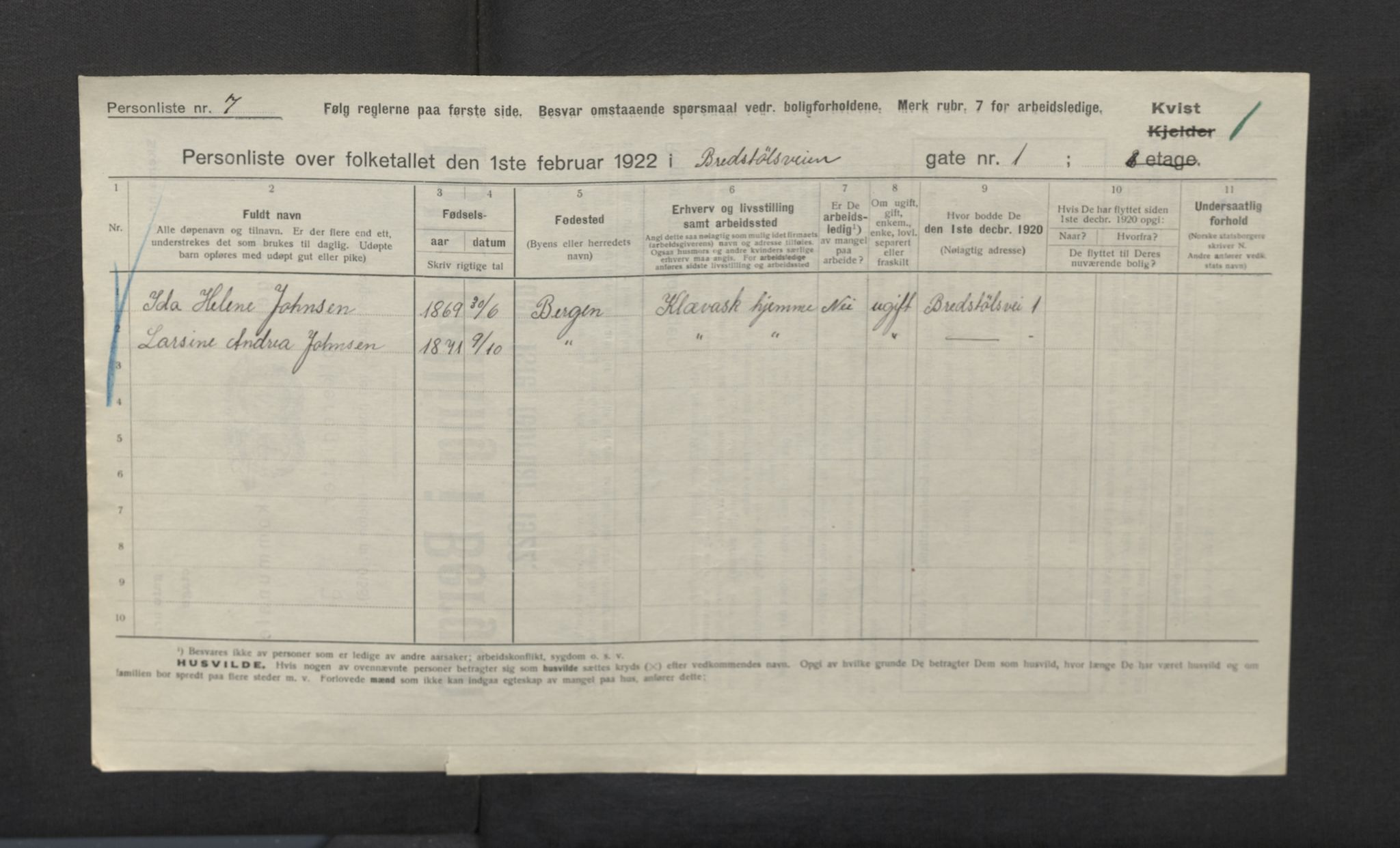 SAB, Municipal Census 1922 for Bergen, 1922, p. 4058