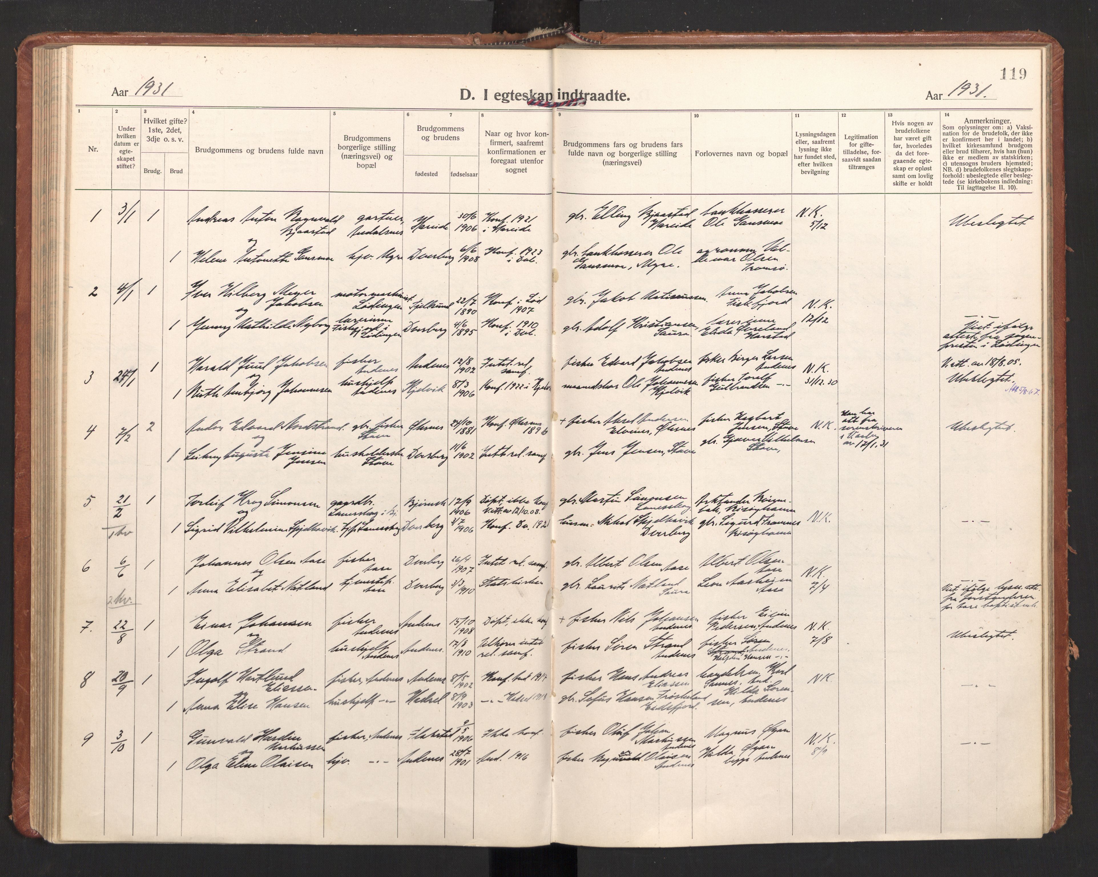 Ministerialprotokoller, klokkerbøker og fødselsregistre - Nordland, SAT/A-1459/897/L1408: Parish register (official) no. 897A15, 1922-1938, p. 119