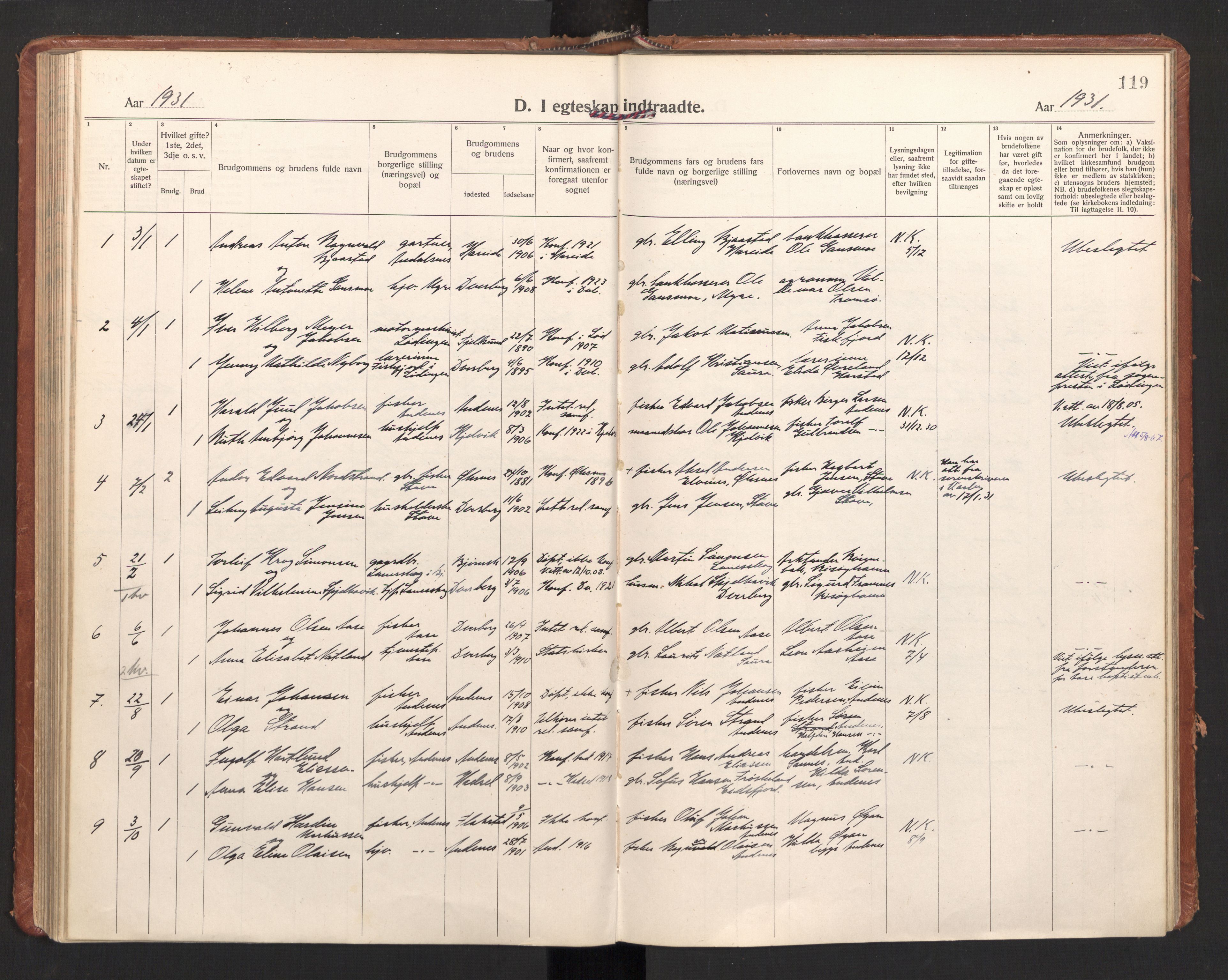 Ministerialprotokoller, klokkerbøker og fødselsregistre - Nordland, AV/SAT-A-1459/897/L1408: Parish register (official) no. 897A15, 1922-1938, p. 119