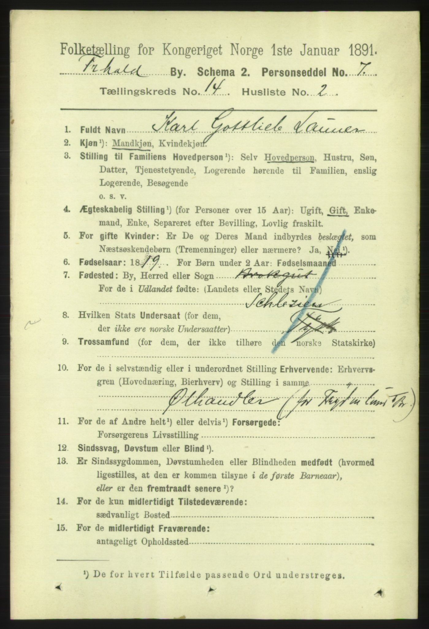 RA, 1891 census for 0101 Fredrikshald, 1891, p. 9026