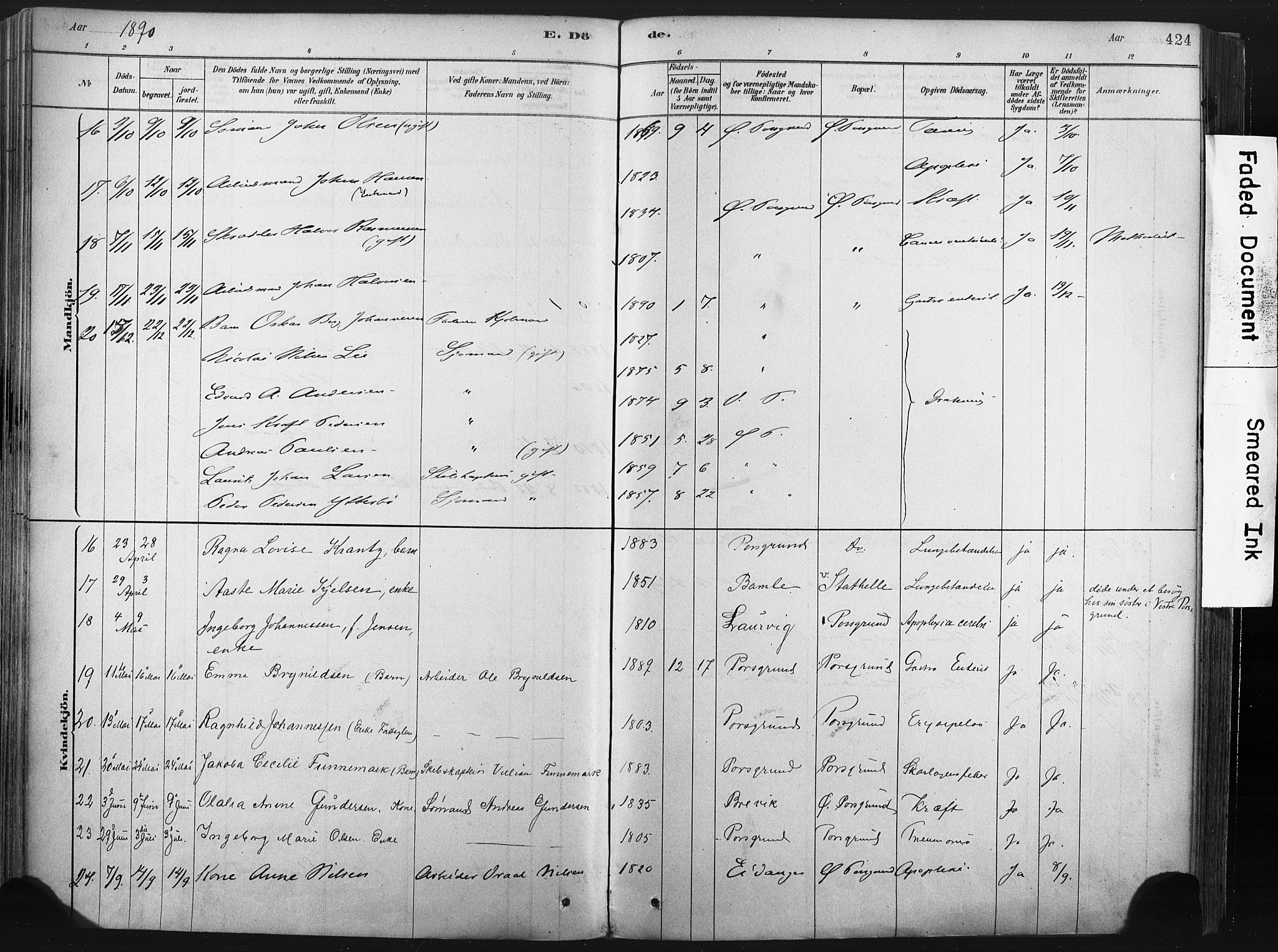 Porsgrunn kirkebøker , AV/SAKO-A-104/F/Fa/L0008: Parish register (official) no. 8, 1878-1895, p. 424