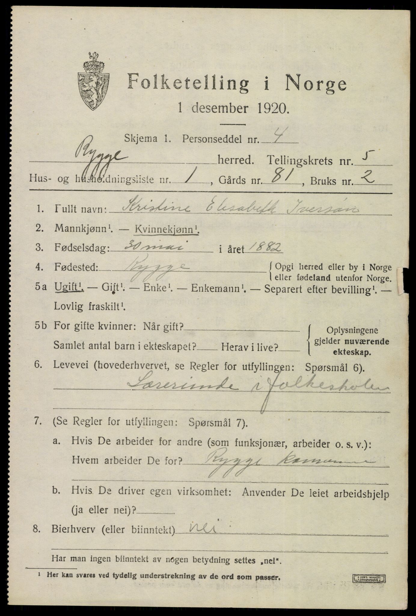 SAO, 1920 census for Rygge, 1920, p. 9561