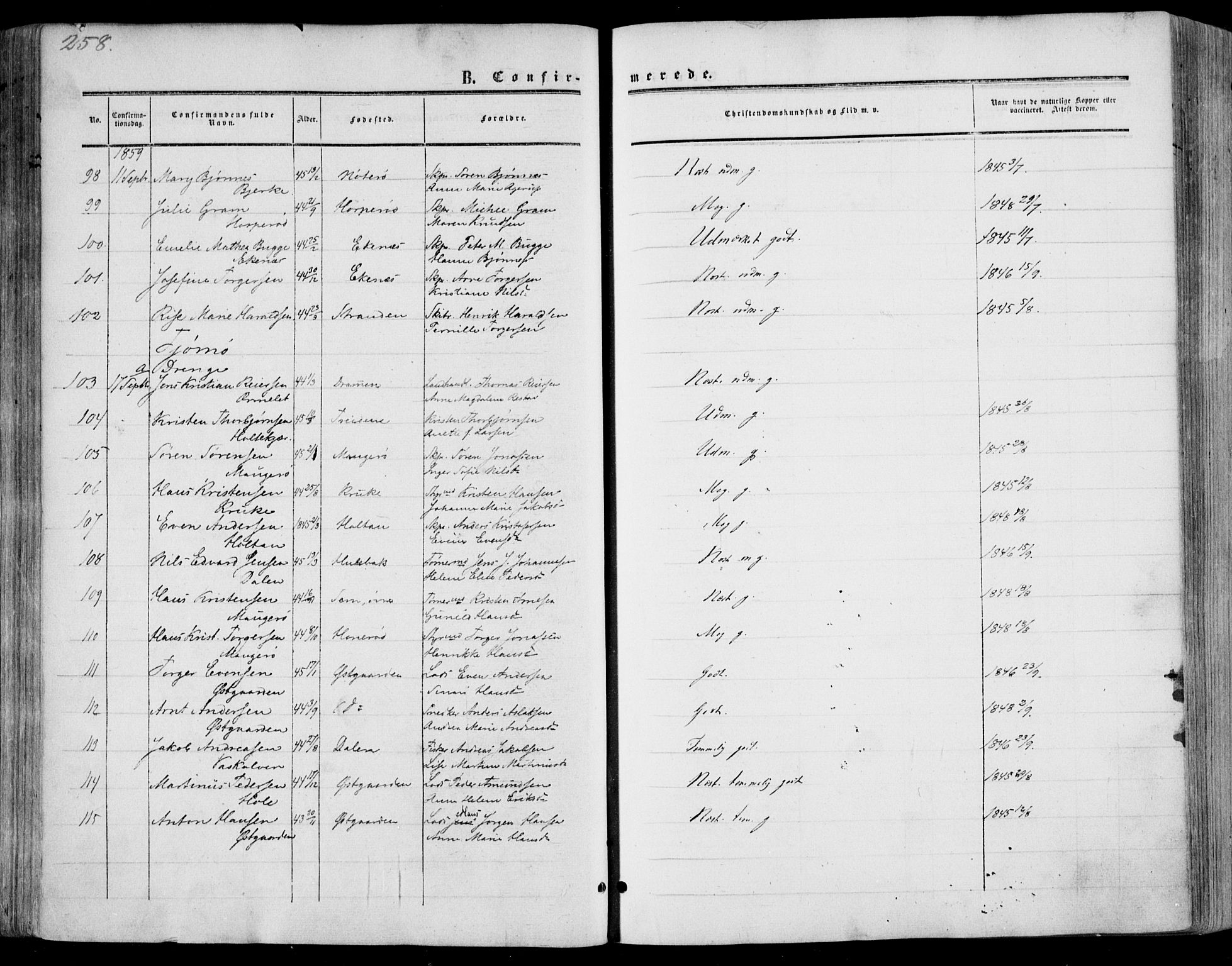 Nøtterøy kirkebøker, AV/SAKO-A-354/F/Fa/L0006: Parish register (official) no. I 6, 1852-1864, p. 258