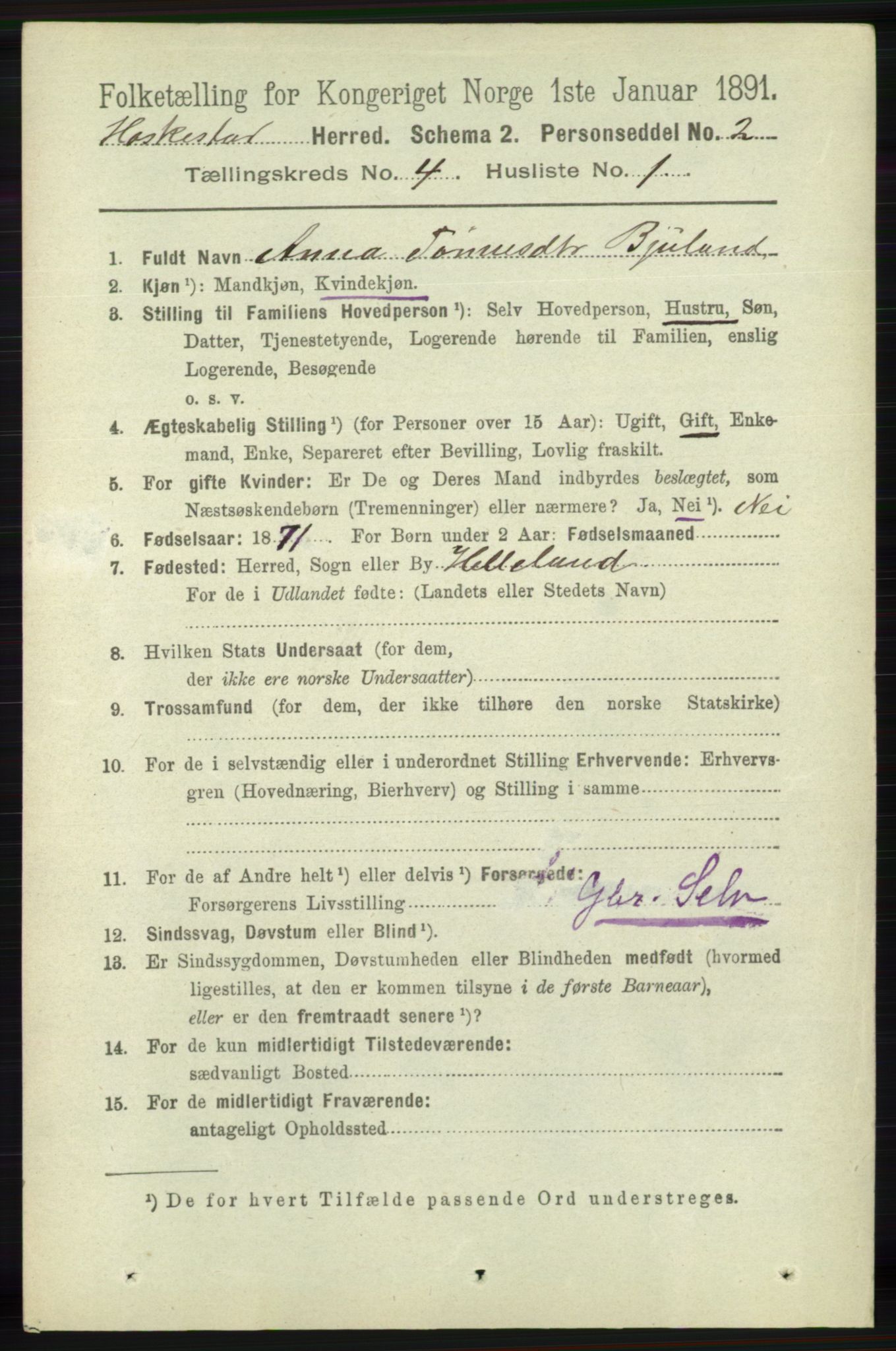 RA, 1891 census for 1113 Heskestad, 1891, p. 543